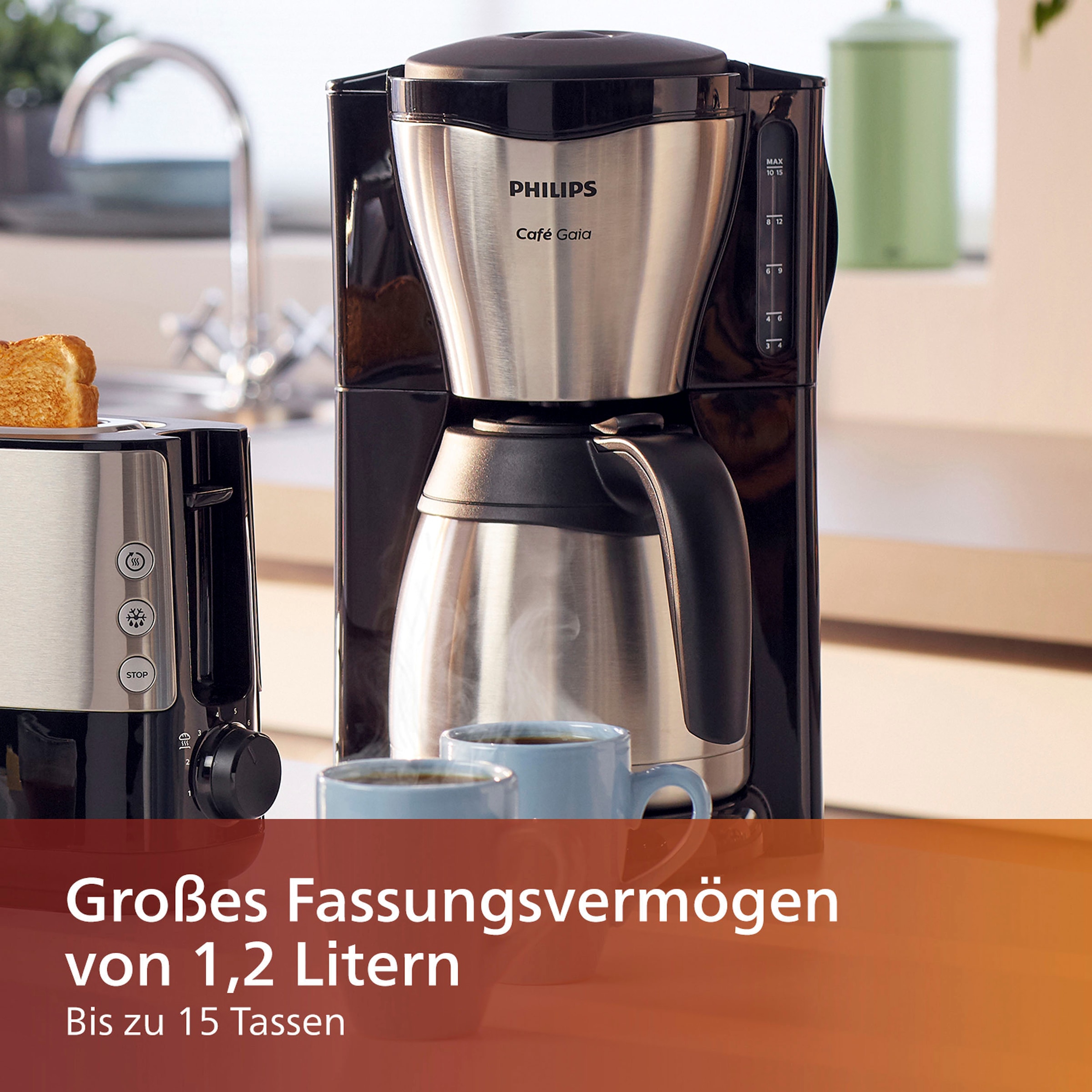 Philips Filterkaffeemaschine »Gaia HD7546/20 Viva Collection« 1,2 l Kaffeekanne Papierfilter 1x4 mit Thermokanne, Tropfstopp und Abschaltfunktion, silber