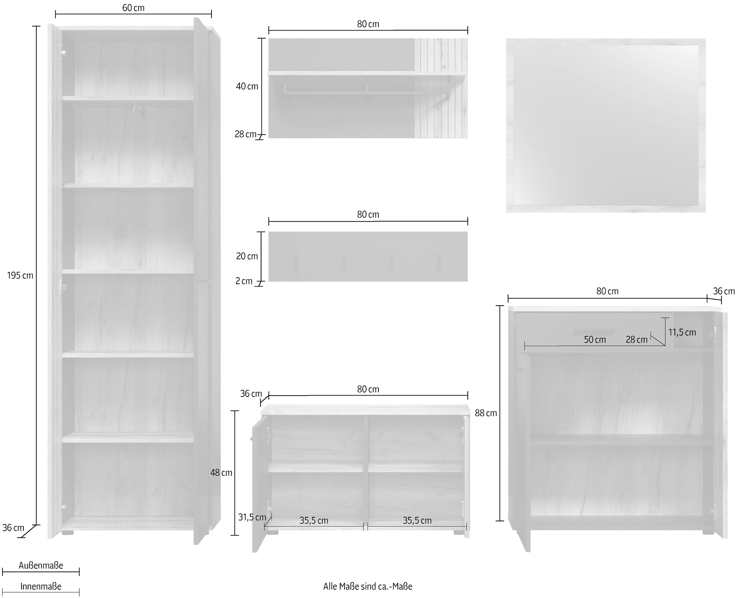 INOSIGN Garderoben-Set »Estepona«, (Komplett-Set, 6 St.), Garderobenmöbel mit Rillenoptik - Maße (B/T/H) 250/36/195 cm