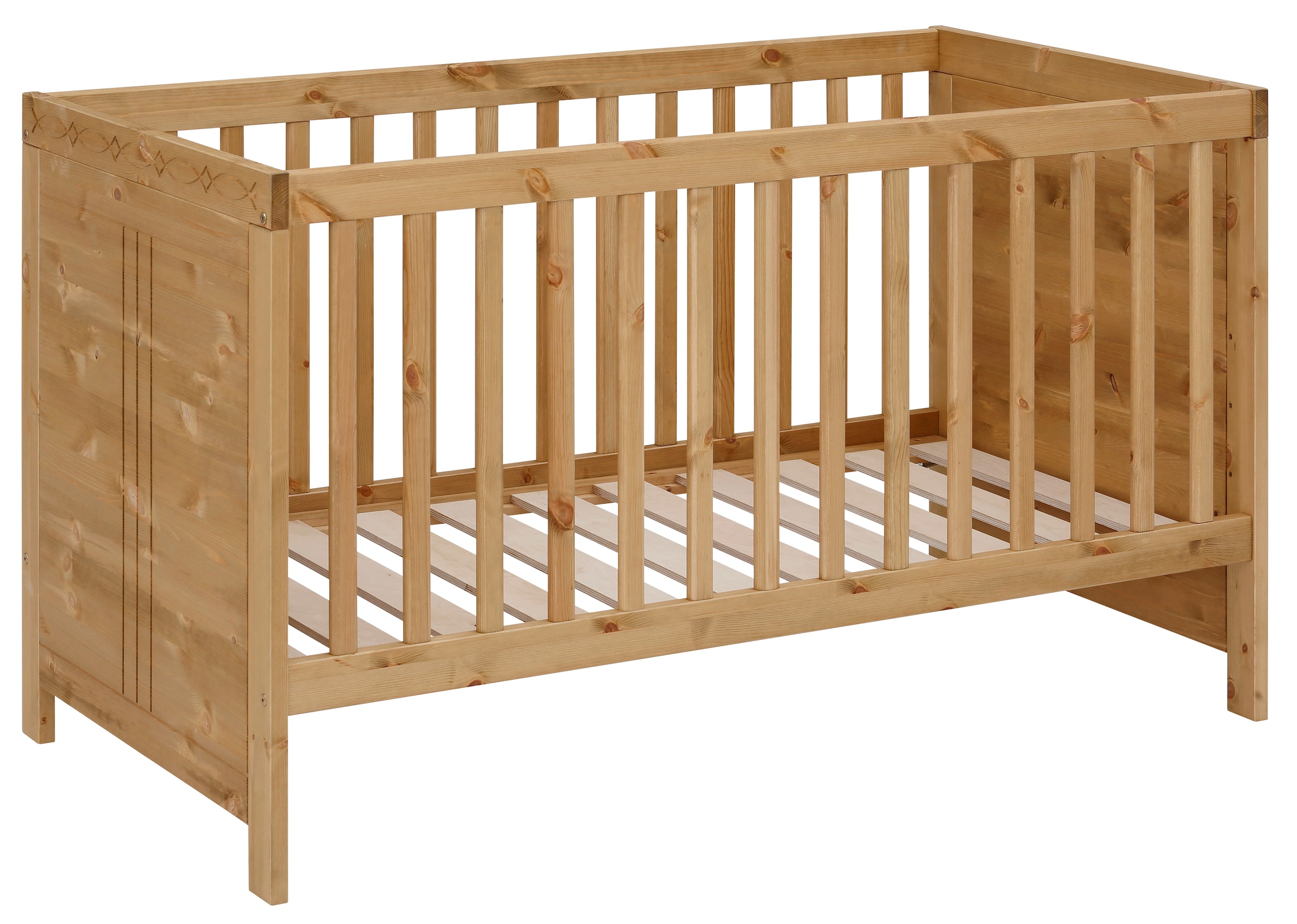 Lüttenhütt Babybett »Indra, Schlupfsprossen, 4-fach verstellbare Liegehöhe,«, FSC® zertifiziertes Massivholz, Landhausstil mit tollen Details