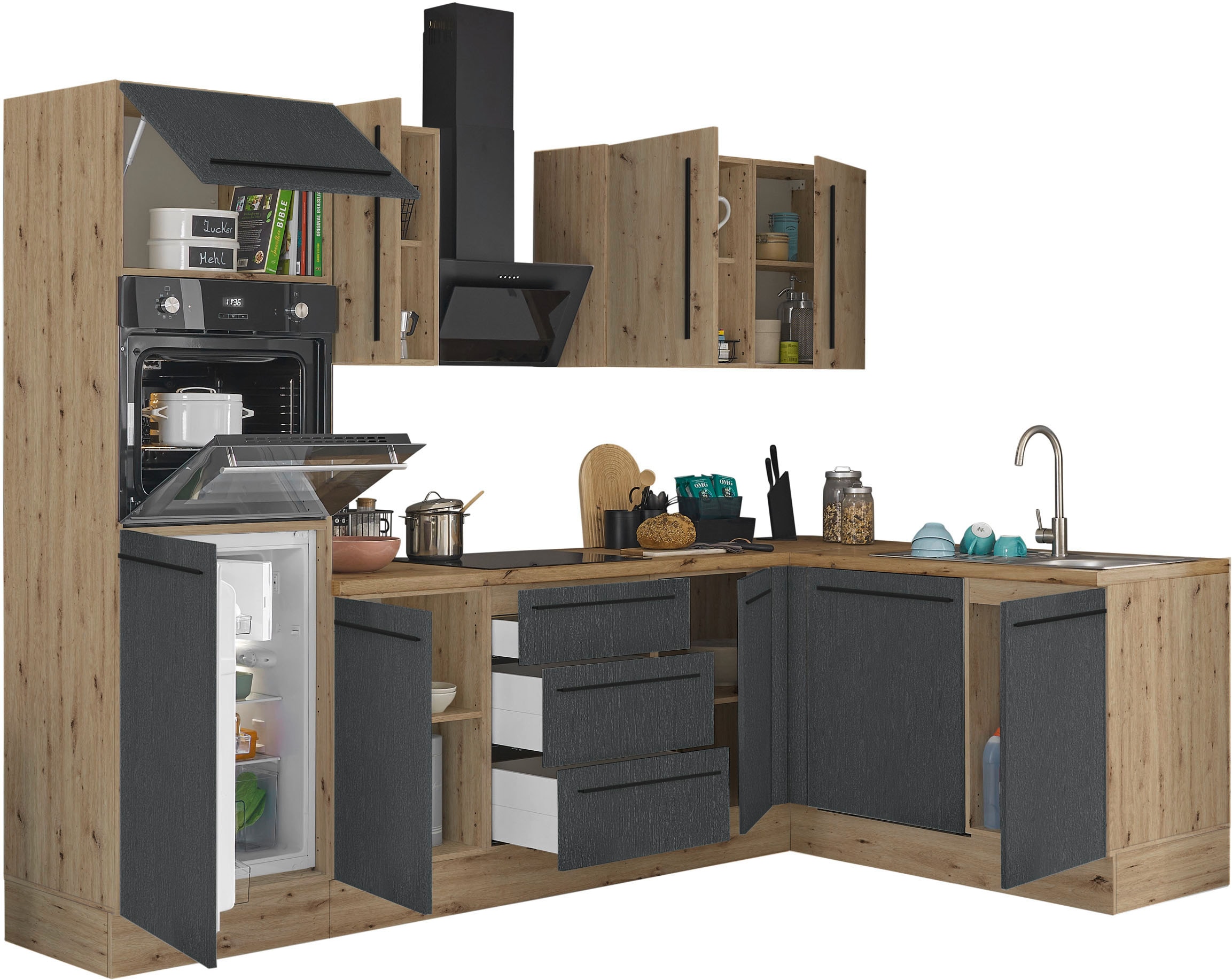 KOCHSTATION Winkelküche »Florida, Stellbreite 280x165 cm« wahlweise mit E-Geräten, mit Softclose für Türen und Schubkästen