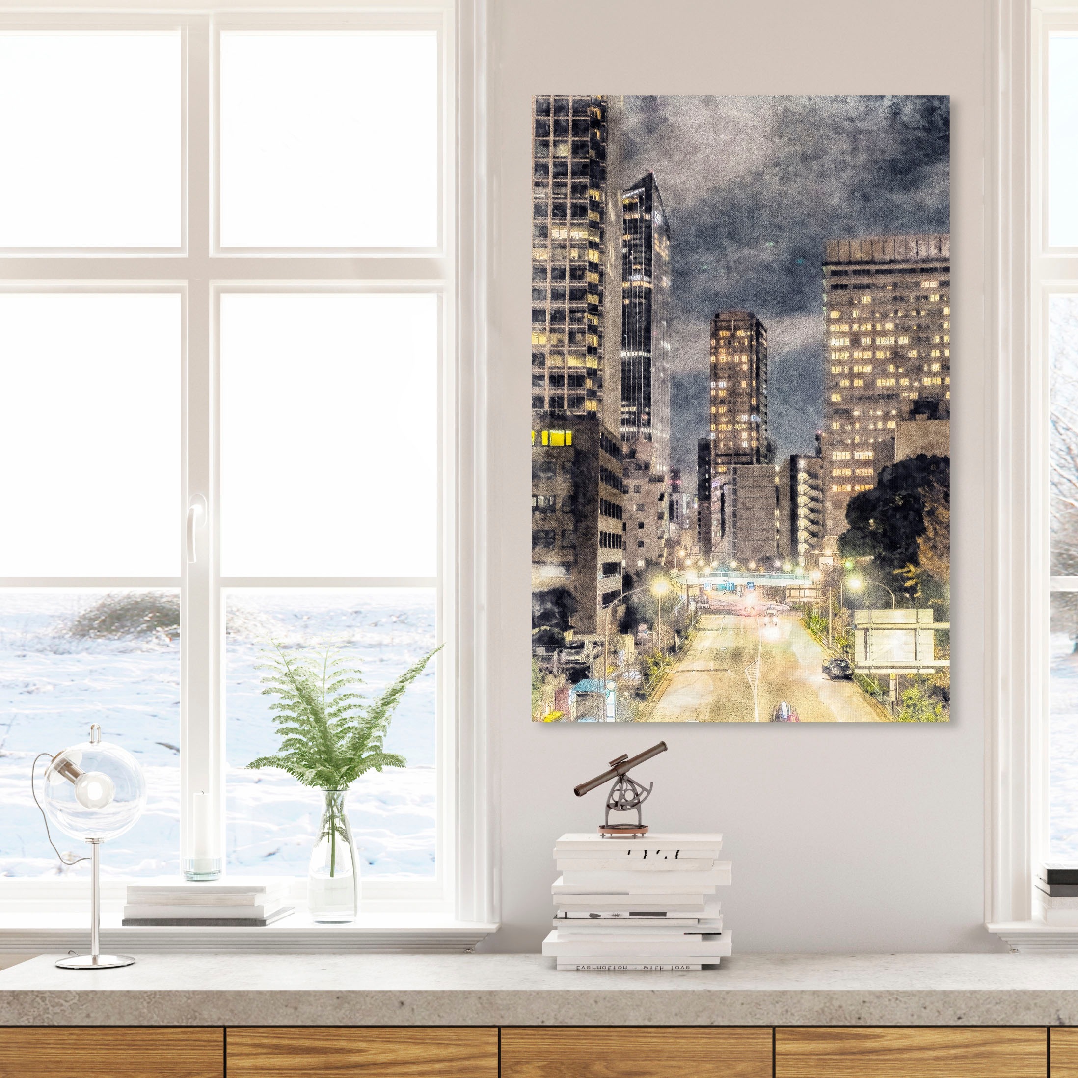 queence Leinwandbild »Stadt  Wolkenkratzer« Filmszene | Frankfurt am Main | Städte Premium-Leinwandstoff, Handarbeit aus Deutschland