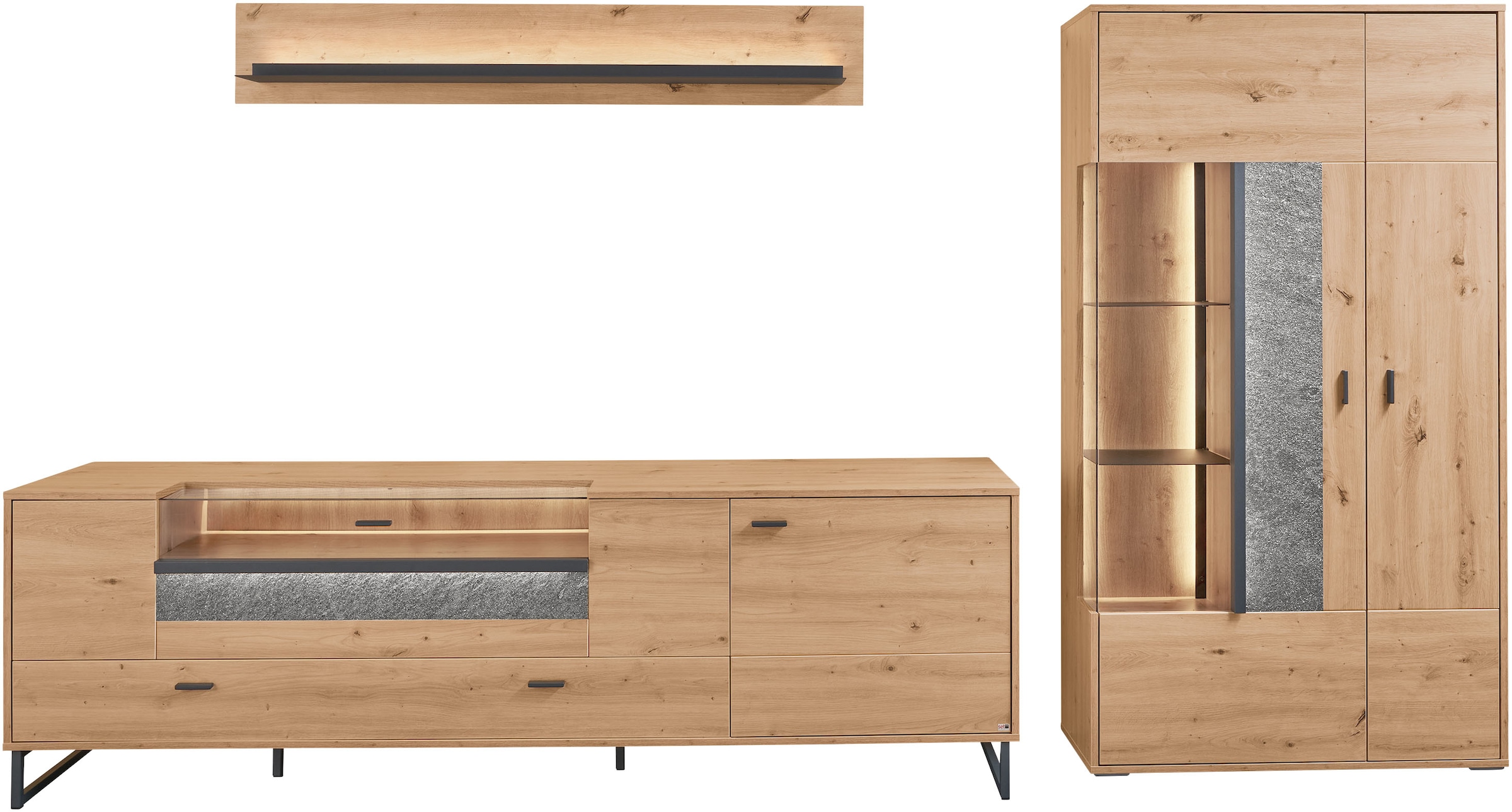 set one by Musterring TV-Wand »Deltona«, (3 St.), Zierelemente aus Sandstein, inkl. Beleuchtung, Gesamtbreite ca. 317 cm