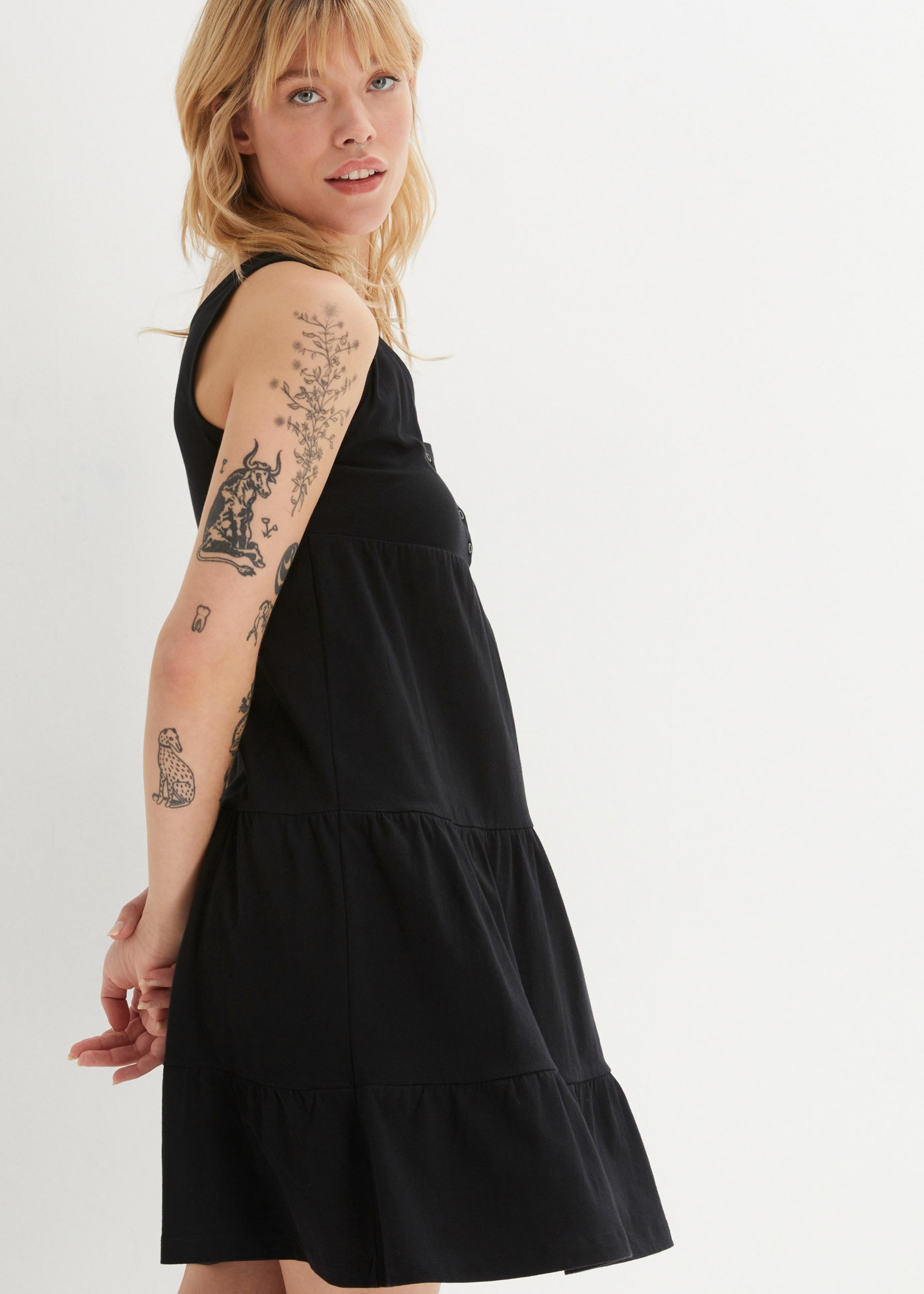 bonprix Jerseykleid »Baumwoll Jerseykleid, kurz« 2 Stk. tlg. mit Volant, Rundhalsausschnitt und Knopfleiste