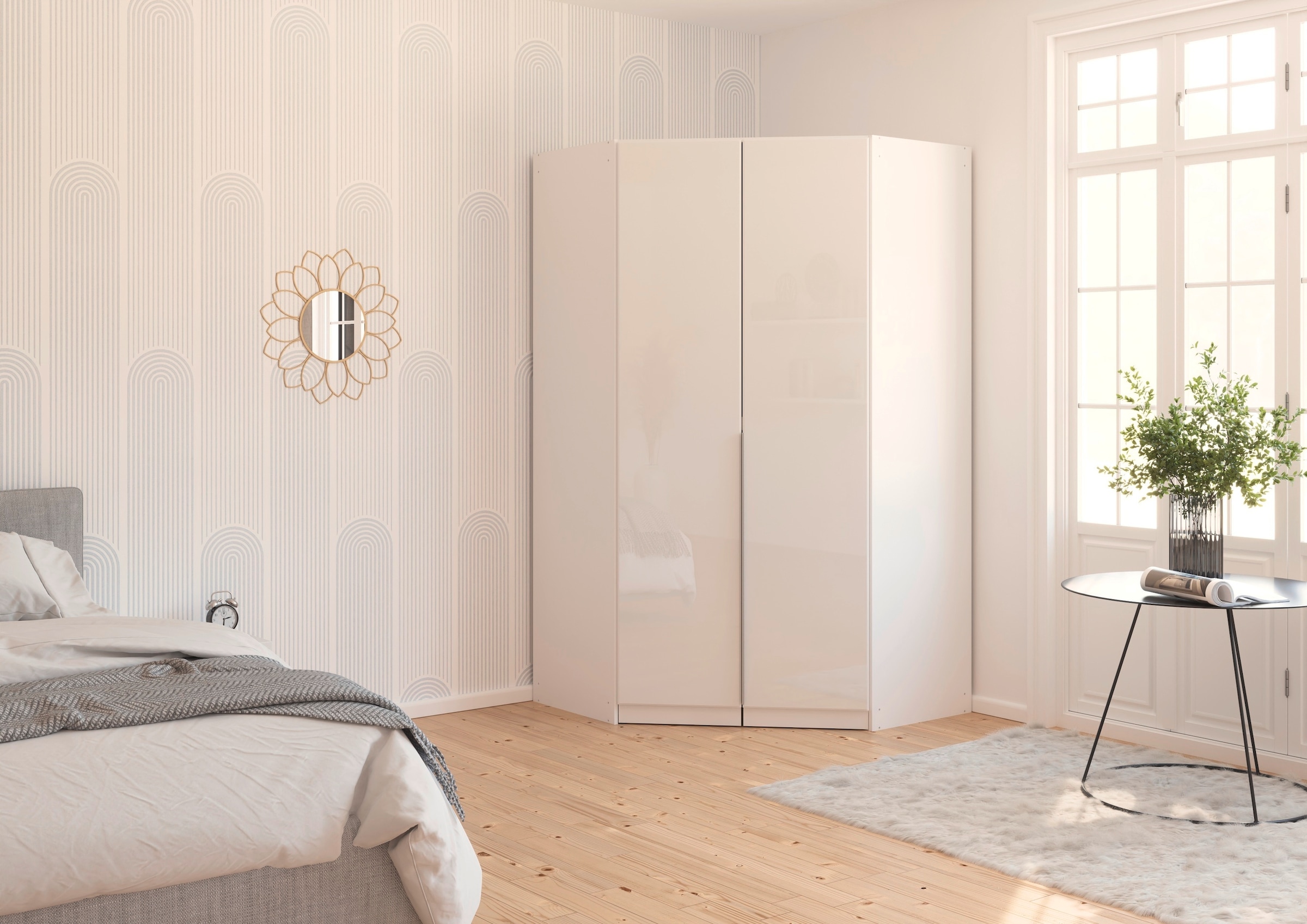 rauch Eckkleiderschrank »Kleiderschrank Schrank Ankleidezimmer Schlafzimmer Garderobe AGORDO«, (in zwei Griff-Farben), mit Glastüren, voll ausgestattet mit viel Stauraum MADE IN GERMANY