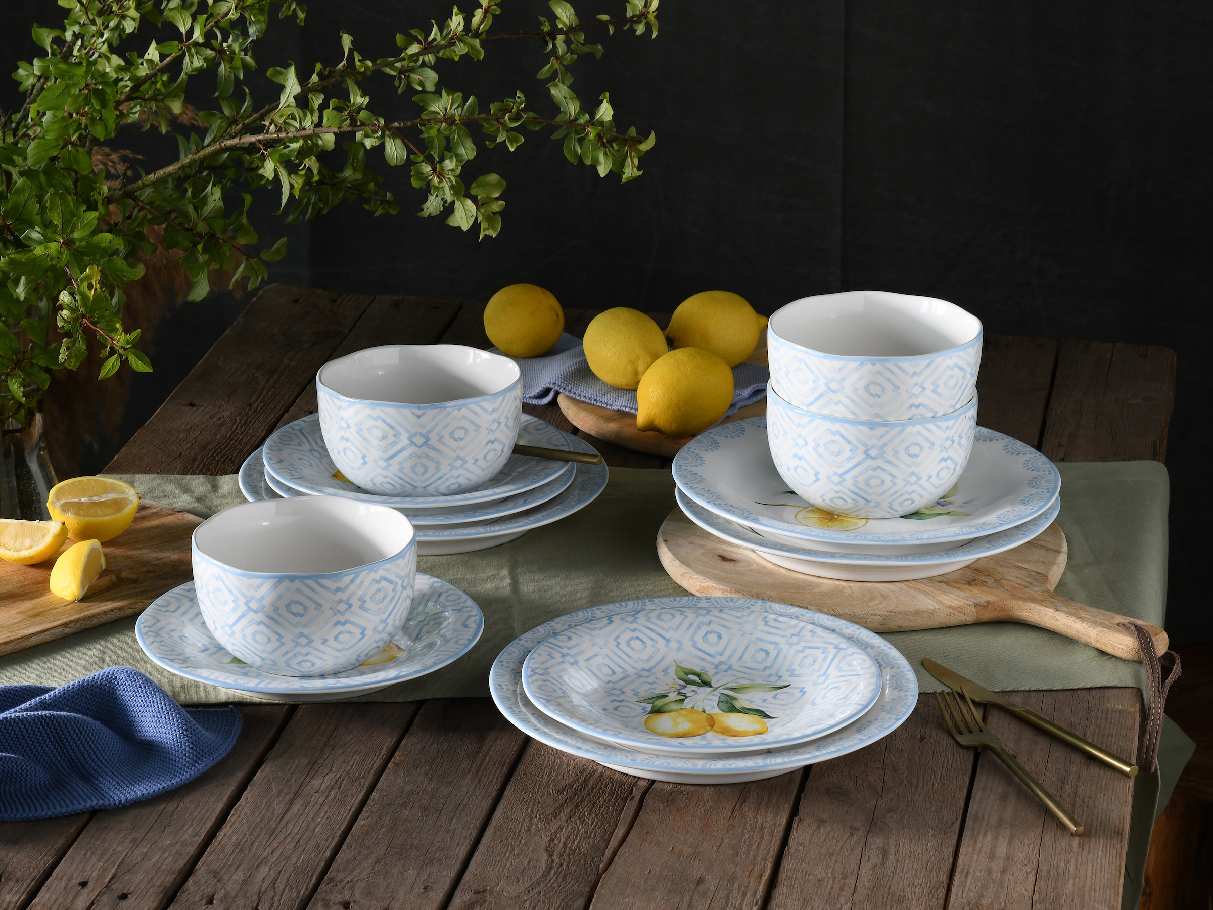 CreaTable Teller-Set »Lemoncello, Tellerset 12-tlg«, (Set, 12 tlg.), Handgemalte italienische Keramik