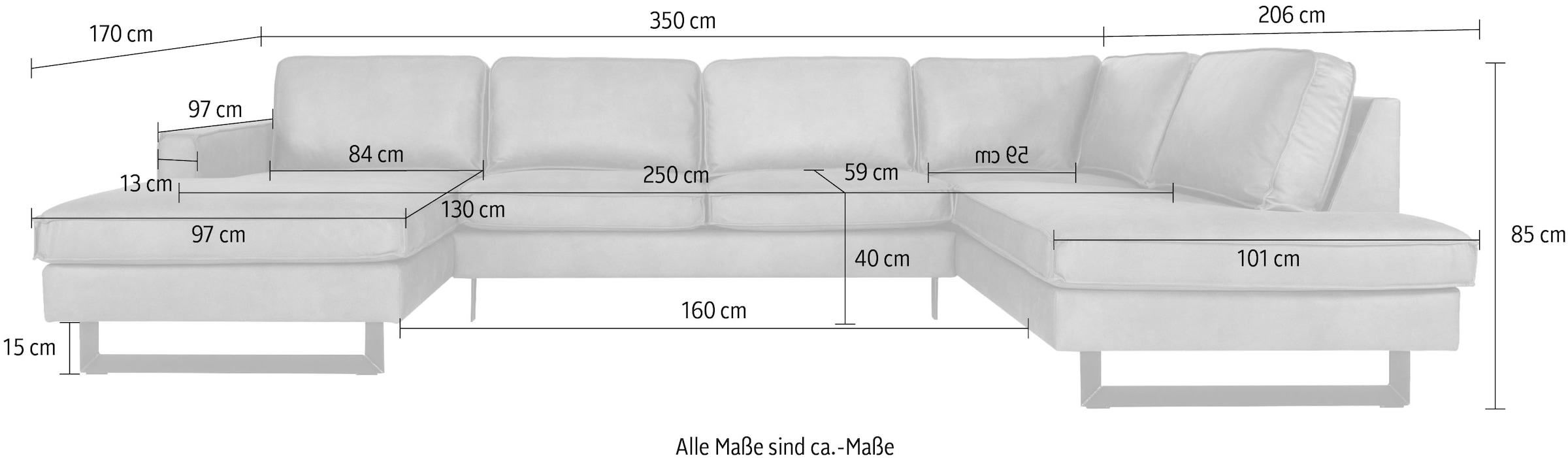 Places of Style Wohnlandschaft »Pinto, 350 cm, U-Form, XXL, mit Ottomanen«, Cord, Chenille, Lederoptik, mit Keder, Metallfüße, Wellenunterfederung