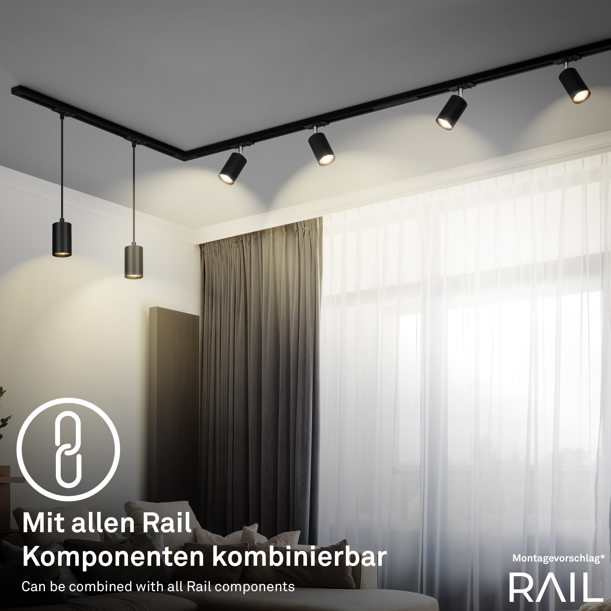 Briloner Leuchten Schienensystem-Leuchten »RAIL« GU10 1 Stk. Pendelleuchte 1440x80x55 mm Schwarz max. 9W Schienensystem Rail Küche