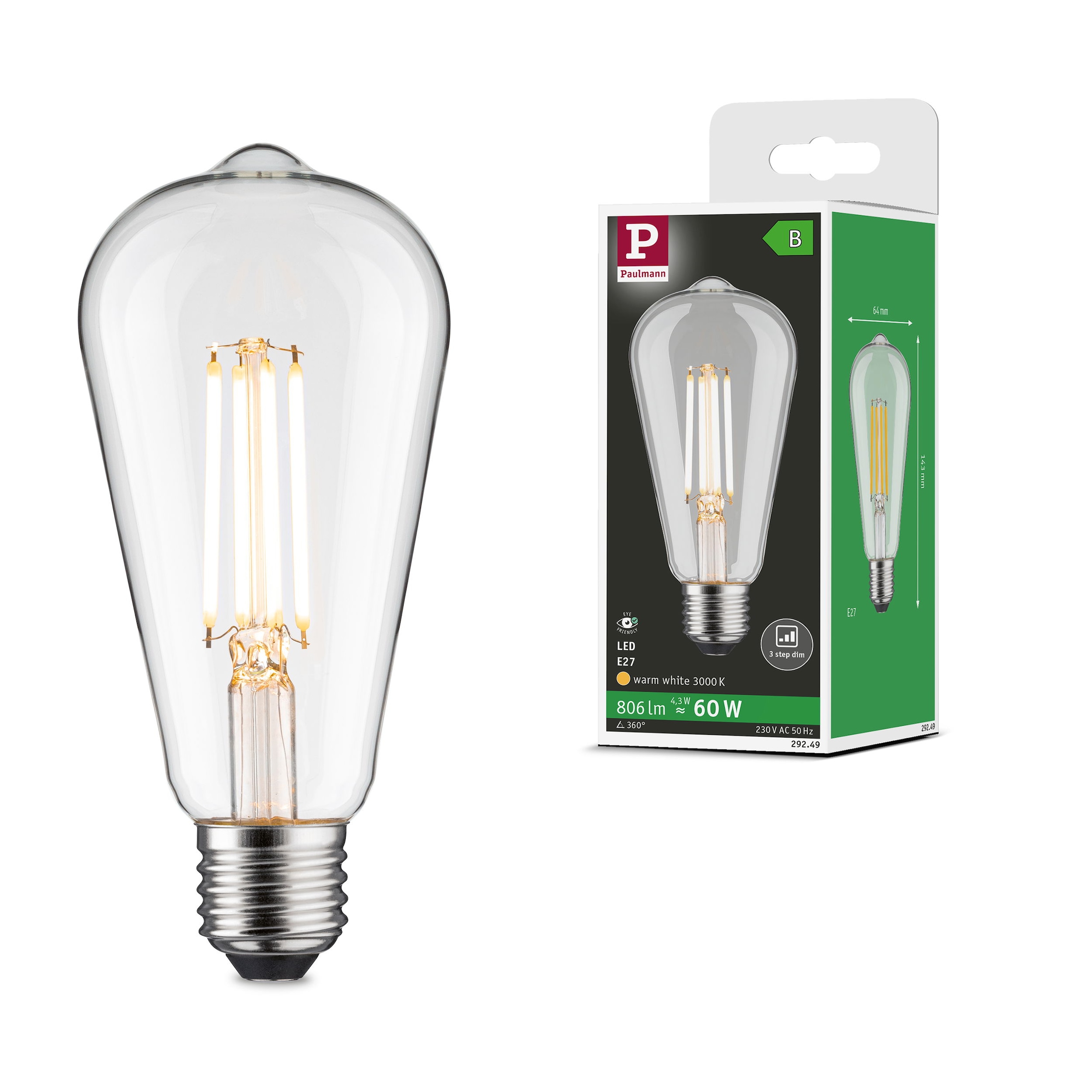 Paulmann LED-Leuchtmittel »Eco-Line ST64 806lm 4,3W 3000K klar 230V« E27 1 Stk. Warmweiß