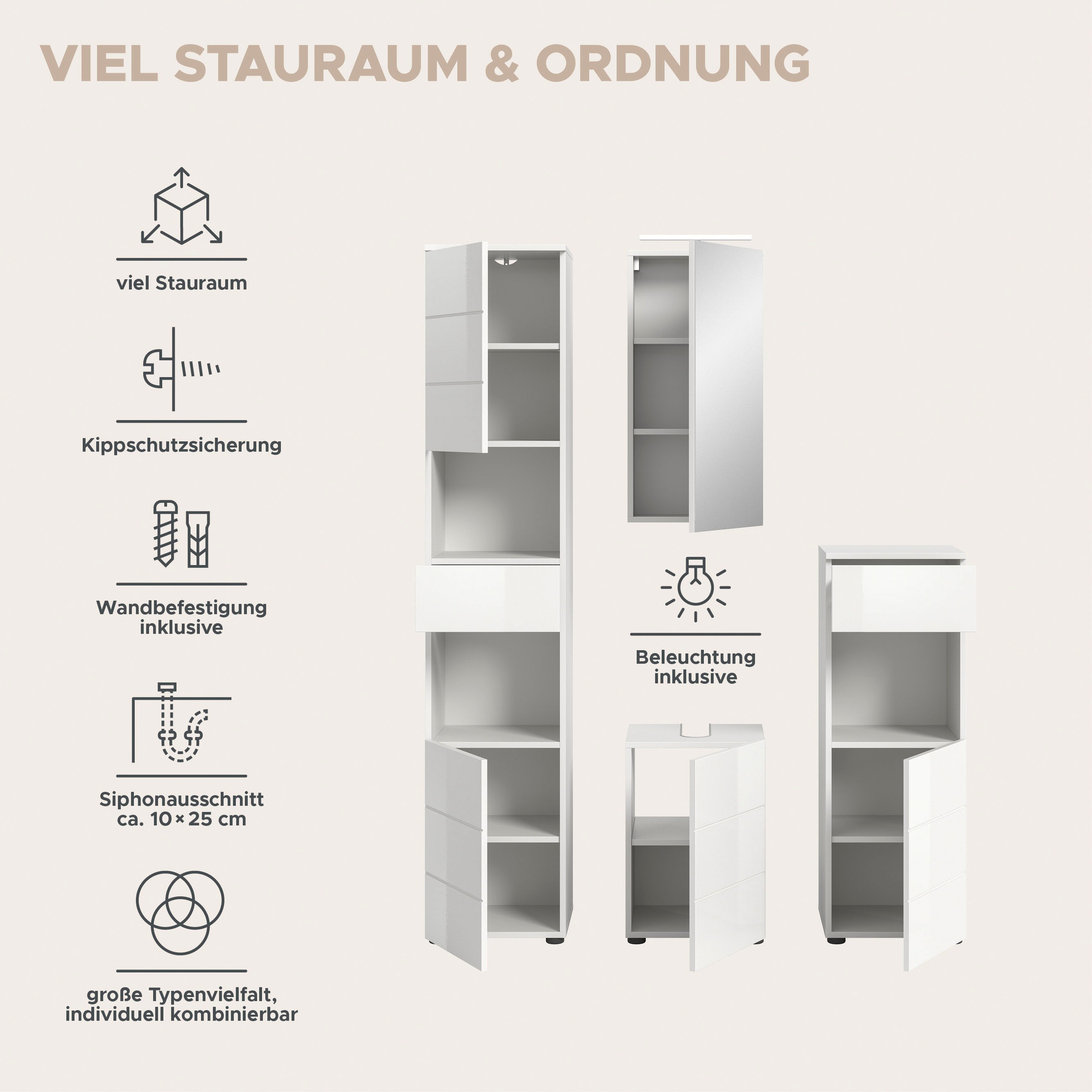 welltime Badmöbel-Set »Biel, Höhe 190 cm,Hochschrank,WBU, Spiegelschrank, Unterschrank, Lampe«, (5 St.), Bad Set, modern, Hoch-und Unterschrank, Spiegel, Aufsatzleuchte