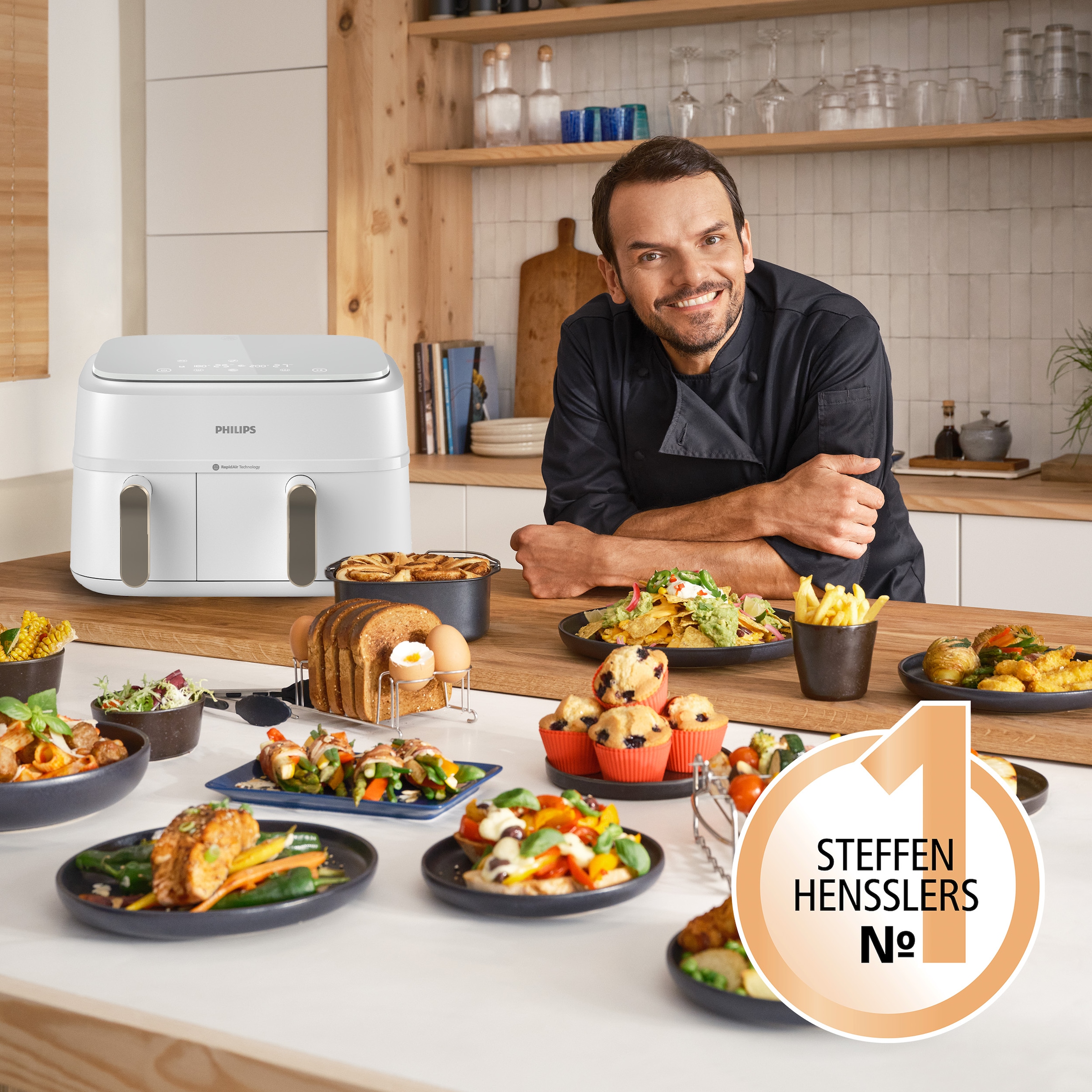 Philips Heißluftfritteuse »Airfryer 3000 Dual Basket NA353/10, zwei Körbe mit 9L (3L+6L)«, 2750 W, RapidAir Technologie und 12 Kochfunktionen; Weiß/Champagner