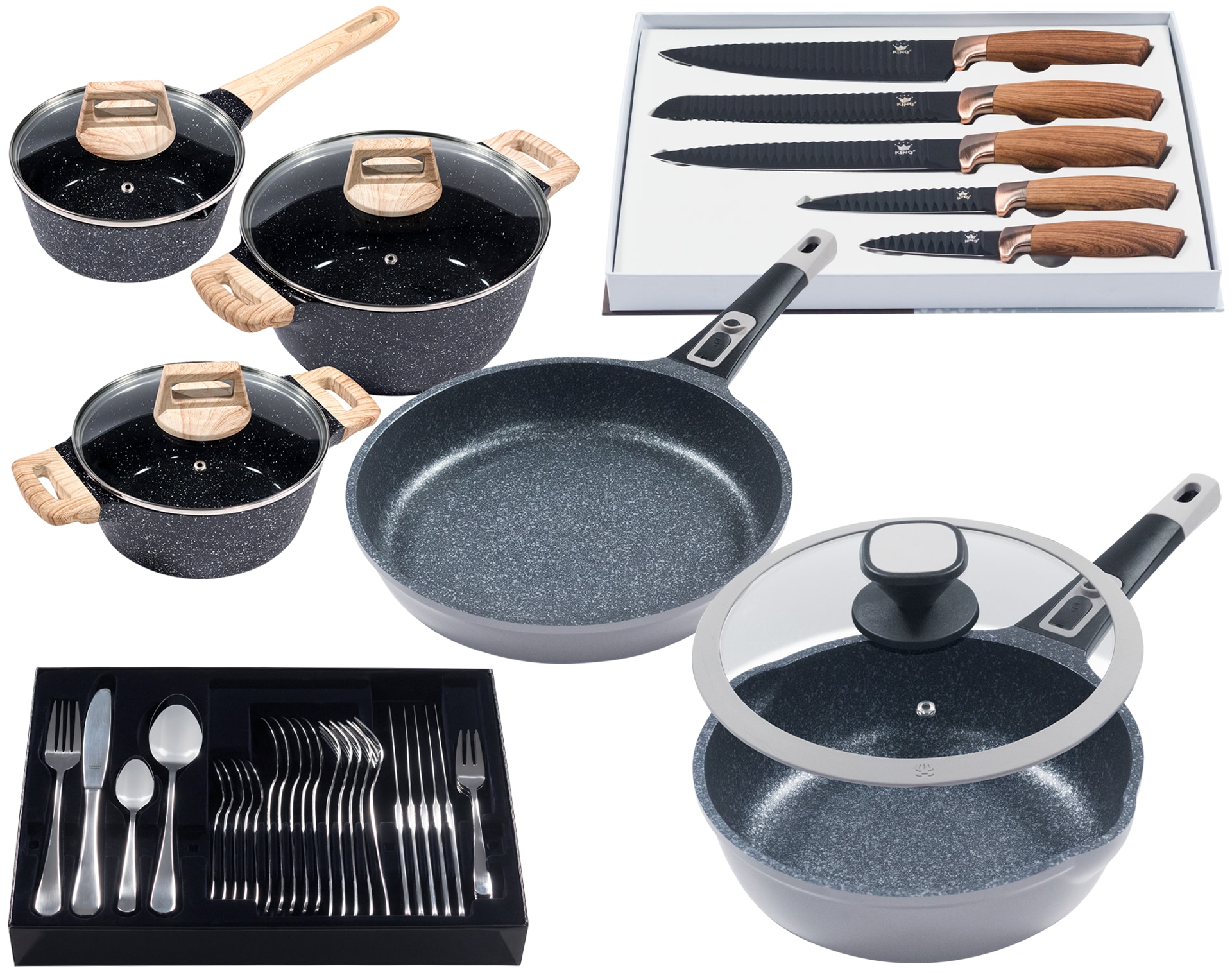 KING Pfannen-Set »Moonscape«, Aluminiumguss, (Set, 11 tlg.), Induktion, (Töpfe+Glasdeckel, Pfannen+Deckel,Messer,Besteckset)