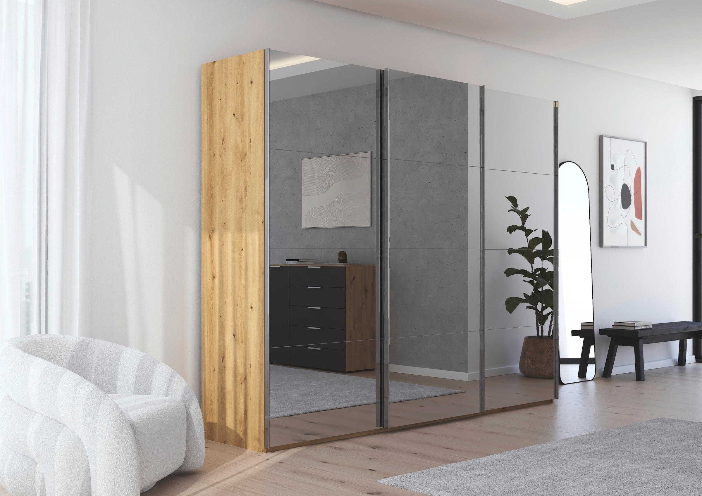 rauch Schwebetürenschrank »Kleiderschrank Schrank Garderobe Schlafzimmerschrank SCALE-FYRA«, edle viergeteilte Türen, Spiegelfront und viele Farben MADE IN GERMANY