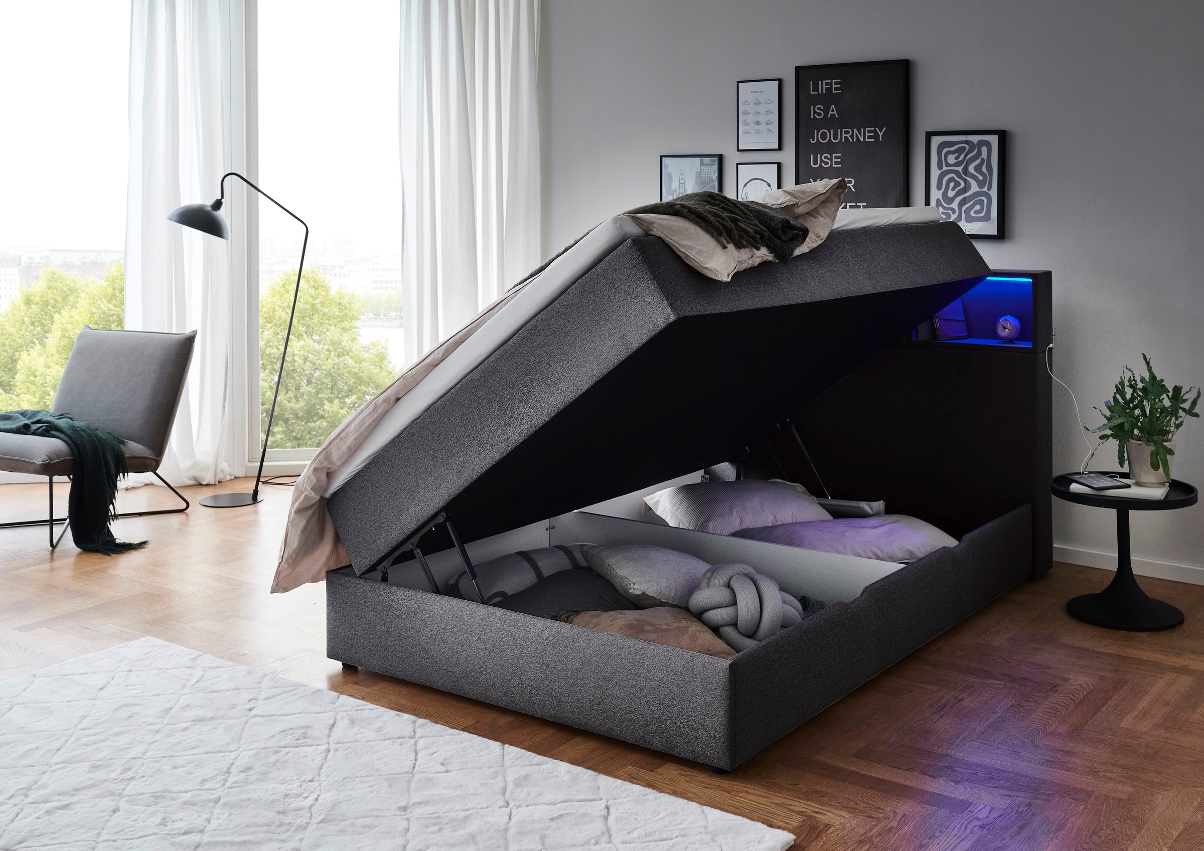 meise.möbel Boxspringbett »Caja mit Bettkasten und Topper«, mit LED ausgestattetes Ablagefach im Kopfteil