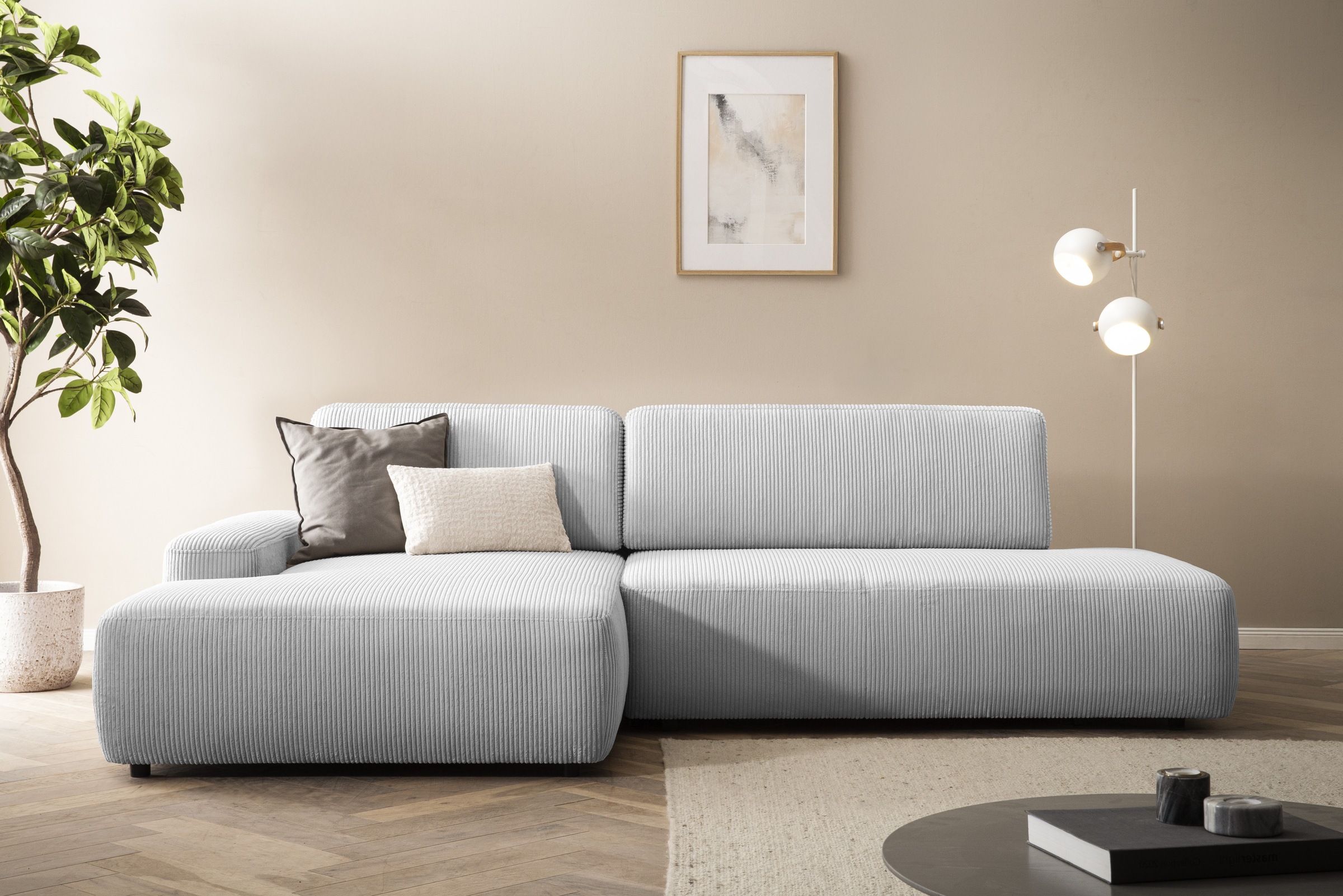 INOSIGN Ecksofa »TORGE, Schlafsofa Cord, Samtvelours u. Strukur fein, Couch in L-Form«, Schlaffunktion und Bettkasten, Liegefläche: 210x125 cm, neues Design
