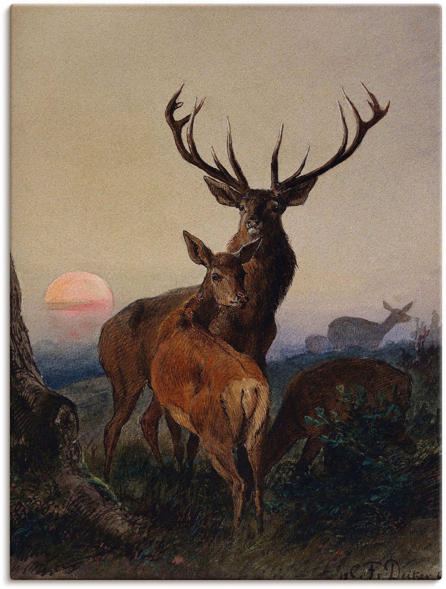Artland Wandbild »Hirsch und ein Reh bei Sonnenuntergang«, Wildtiere, (1 St.), als Leinwandbild, Poster, Wandaufkleber in verschied. Größen