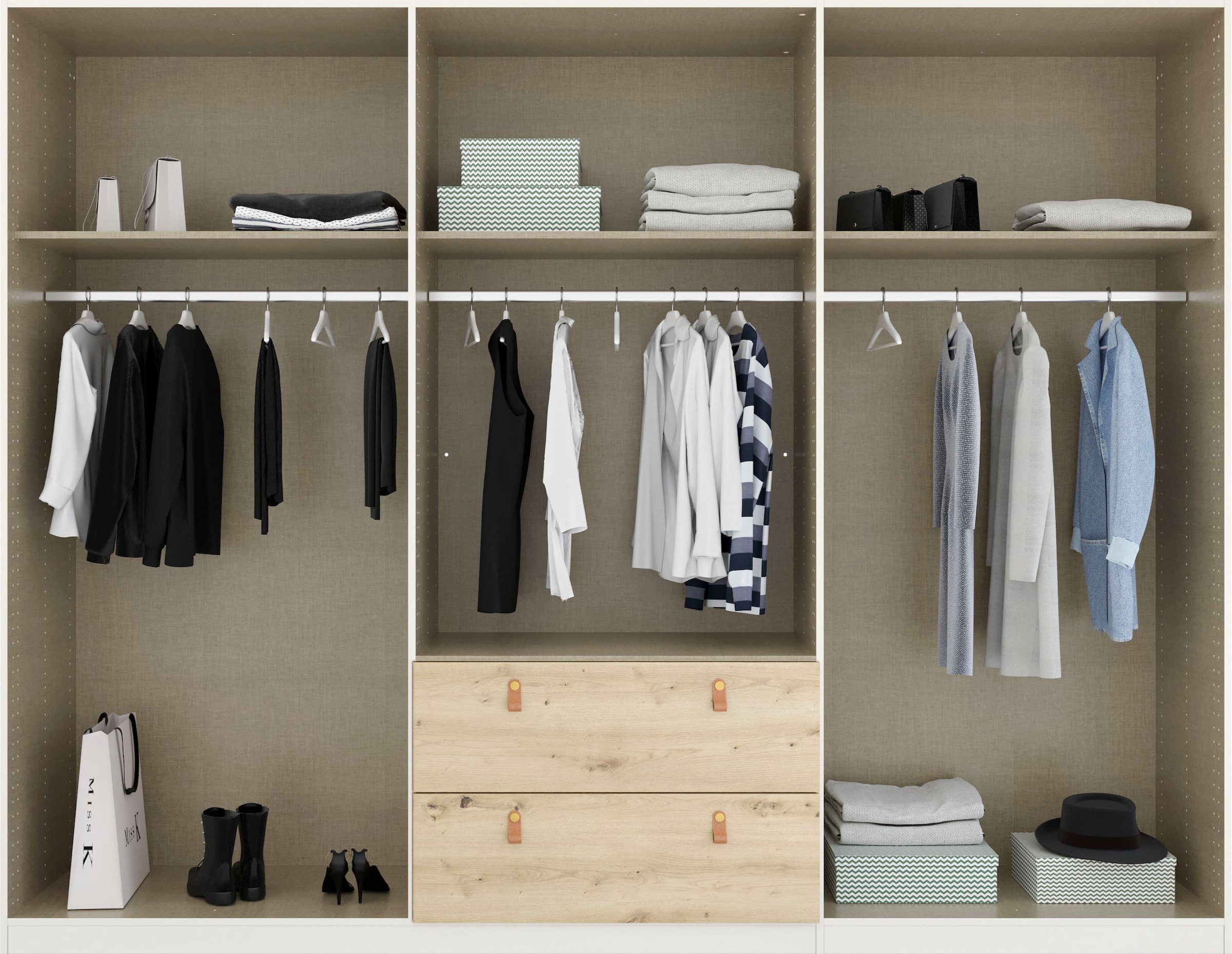 rauch Drehtürenschrank »Homey by Quadra Spin«, mit cognacbraunen Ledergrifflaschen, Schubladen in Eichen-Dekor