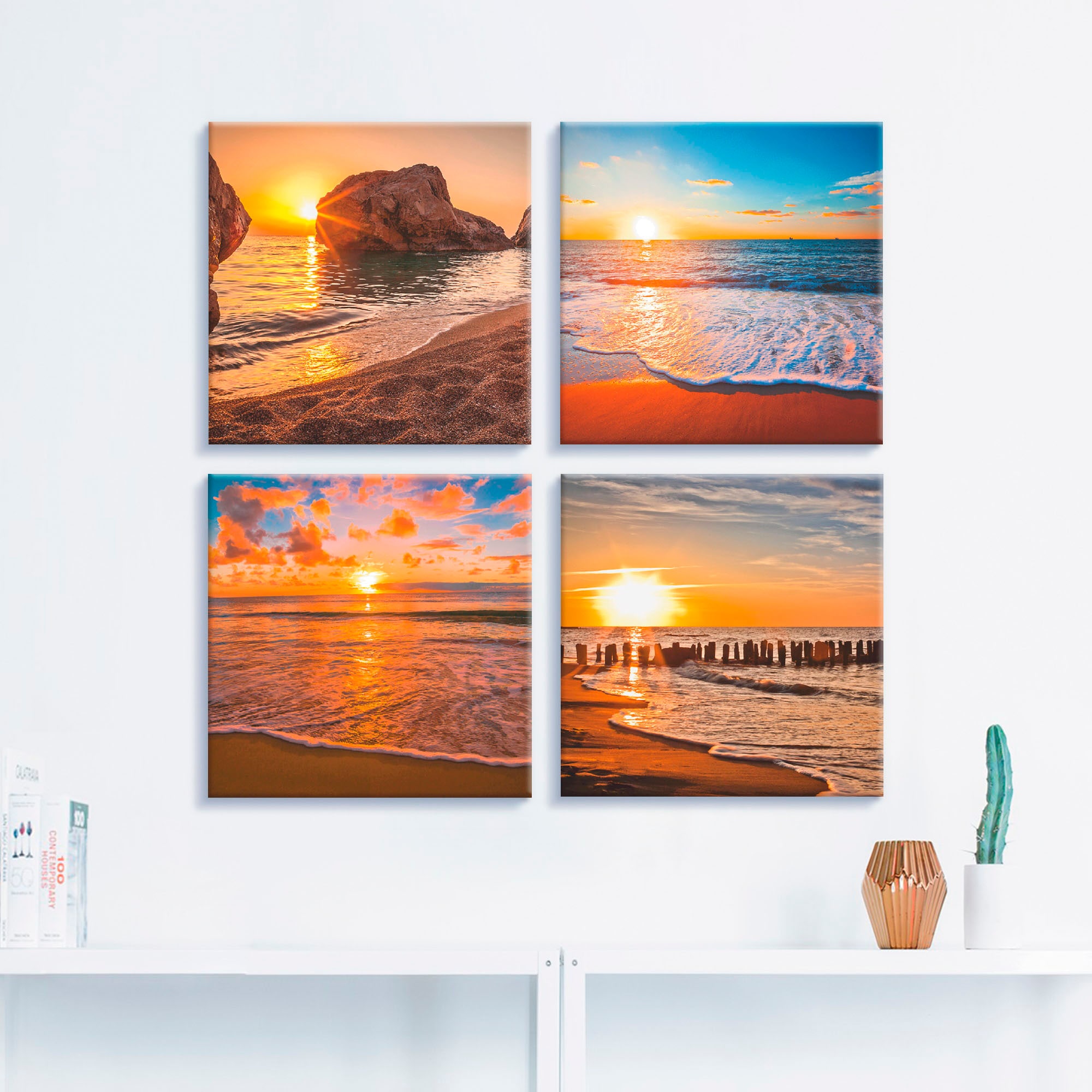 Artland Leinwandbild »Sonnenuntergänge am Strand Größen & & Meer«, Sonnenaufgang 4er Rechnung bestellen Set, verschiedene St.), -untergang, auf (4