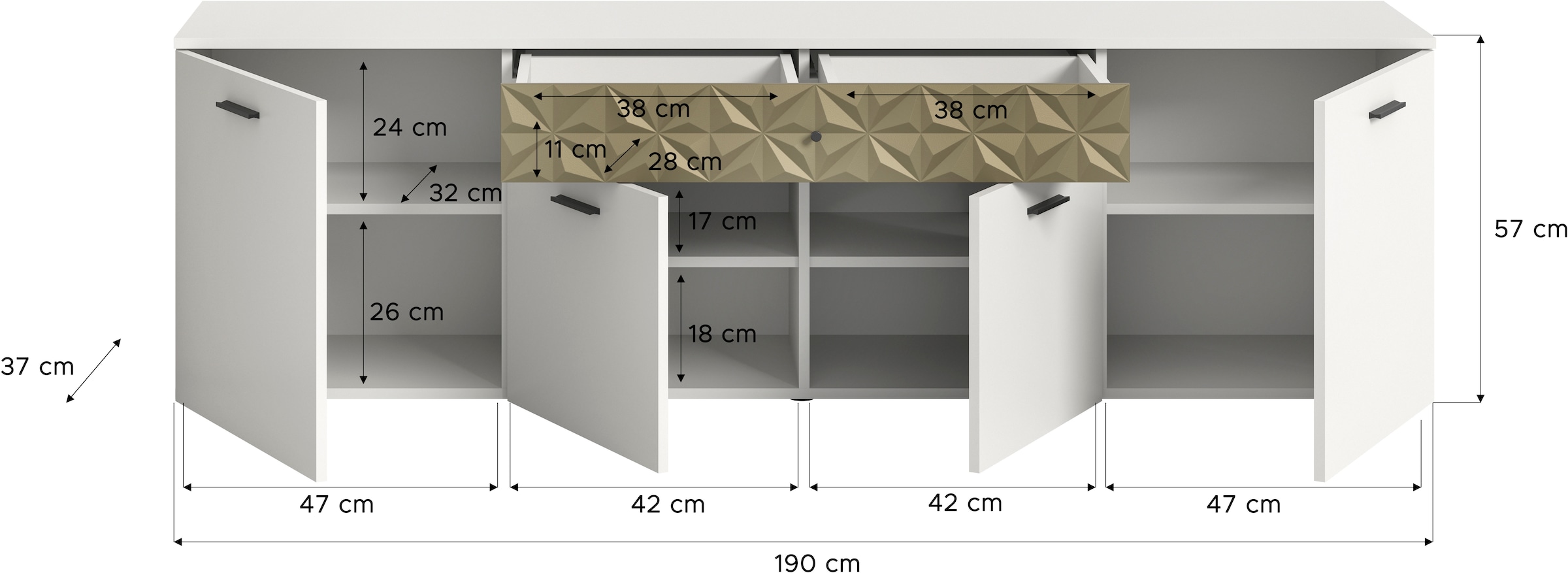 INOSIGN Lowboard »Vicenza, Breite 190cm, Ornamentabsetzung, 4 Türen, 1 Schubkasten«, 8 Fächer, Metallgriffe, TV-Schrank, Fernsehschrank, Mediaboard