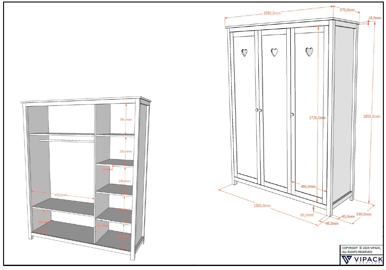 Vipack Babyzimmer-Komplettset »Amori 4-tlg. mit Herz-Ornamenten, MDF/Massiv weiß lackiert«, (4 tlg.)