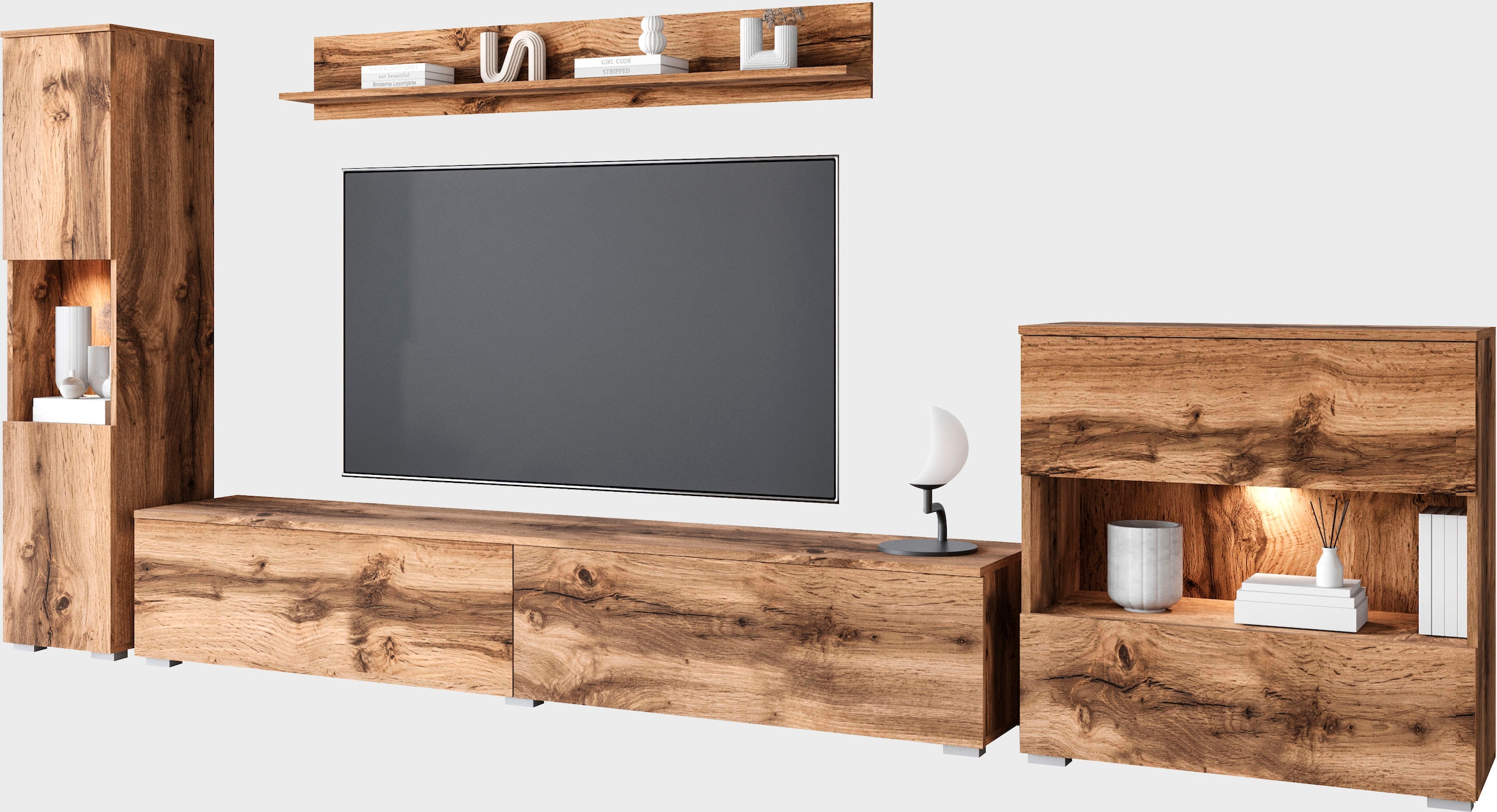 INOSIGN Wohnwand »PARIS, Vitrine Türanschlag links/rechts wechselbar«, (Komplett-Set, 4 St.), grifflose Design, stehend und hängend montierbar