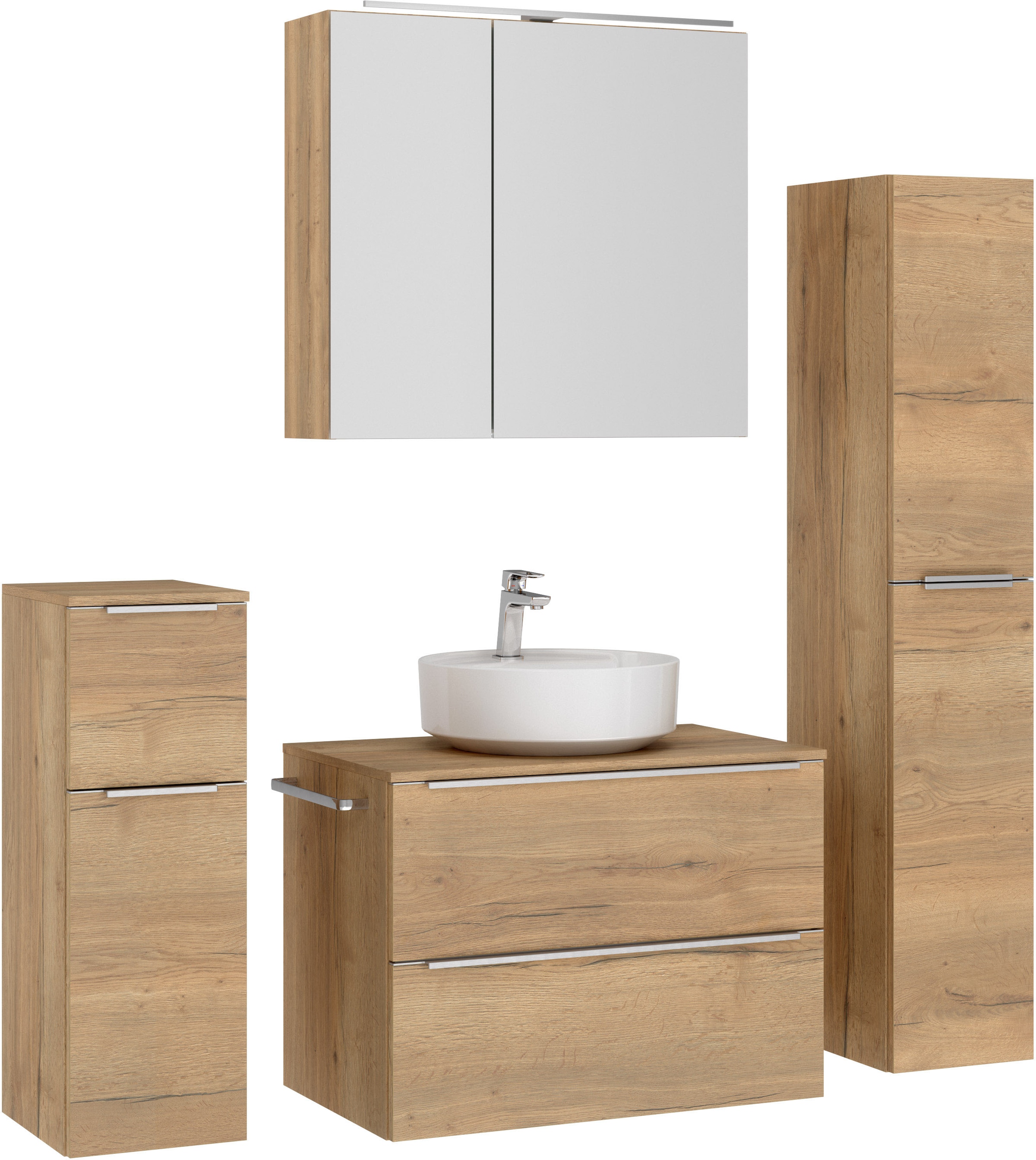 nobilia® Badmöbel-Set »Alvene«, (4 St., vormontiert, mit Soft-Close), inkl. Spiegelschrank mit Beleuchtung und Dimmerfunktion, in 4 Breiten