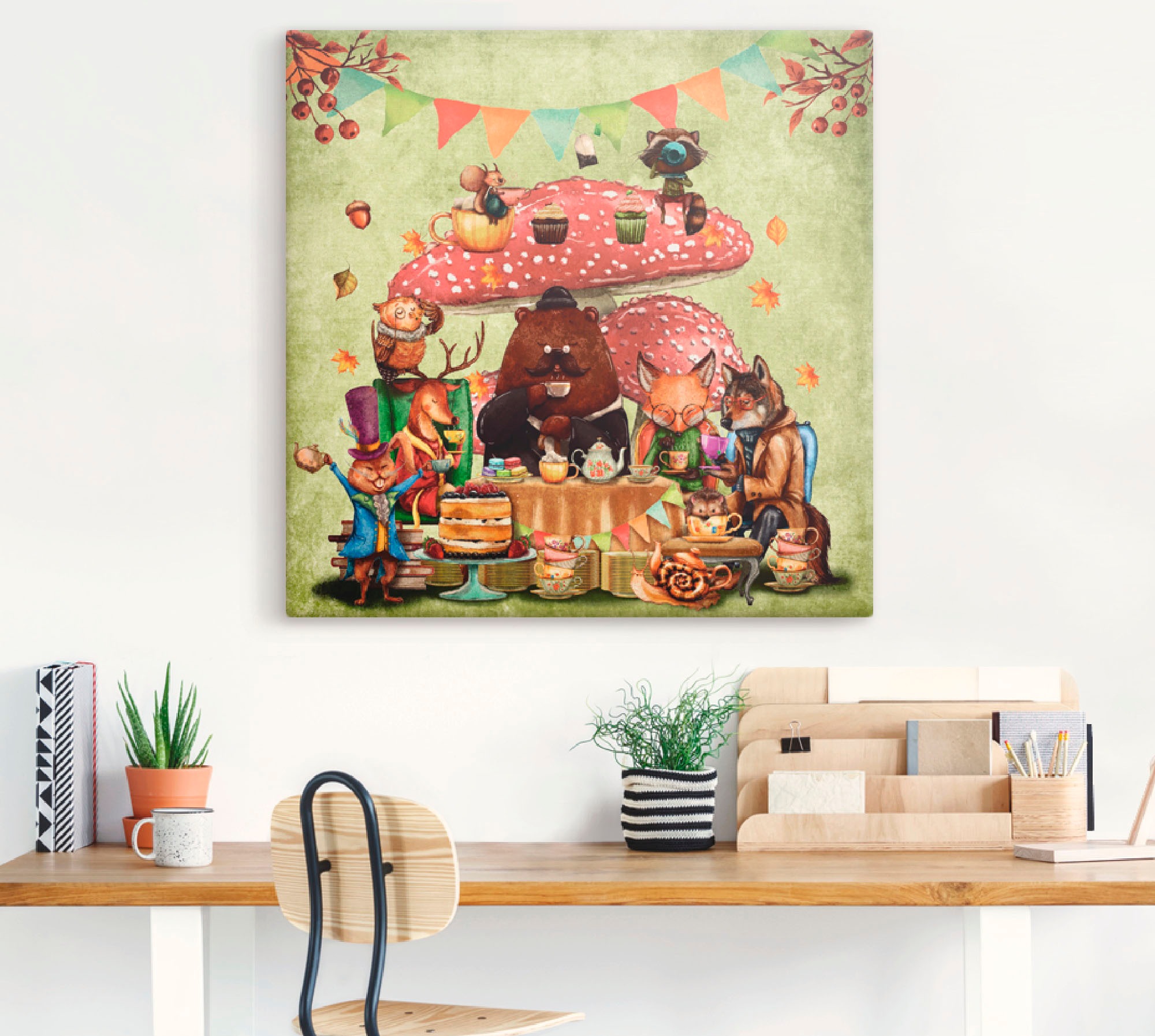 Artland Leinwandbild »Wald Freunde Fliegenpilz Teetrinken« Animal Fantasy 1 günstig online kaufen