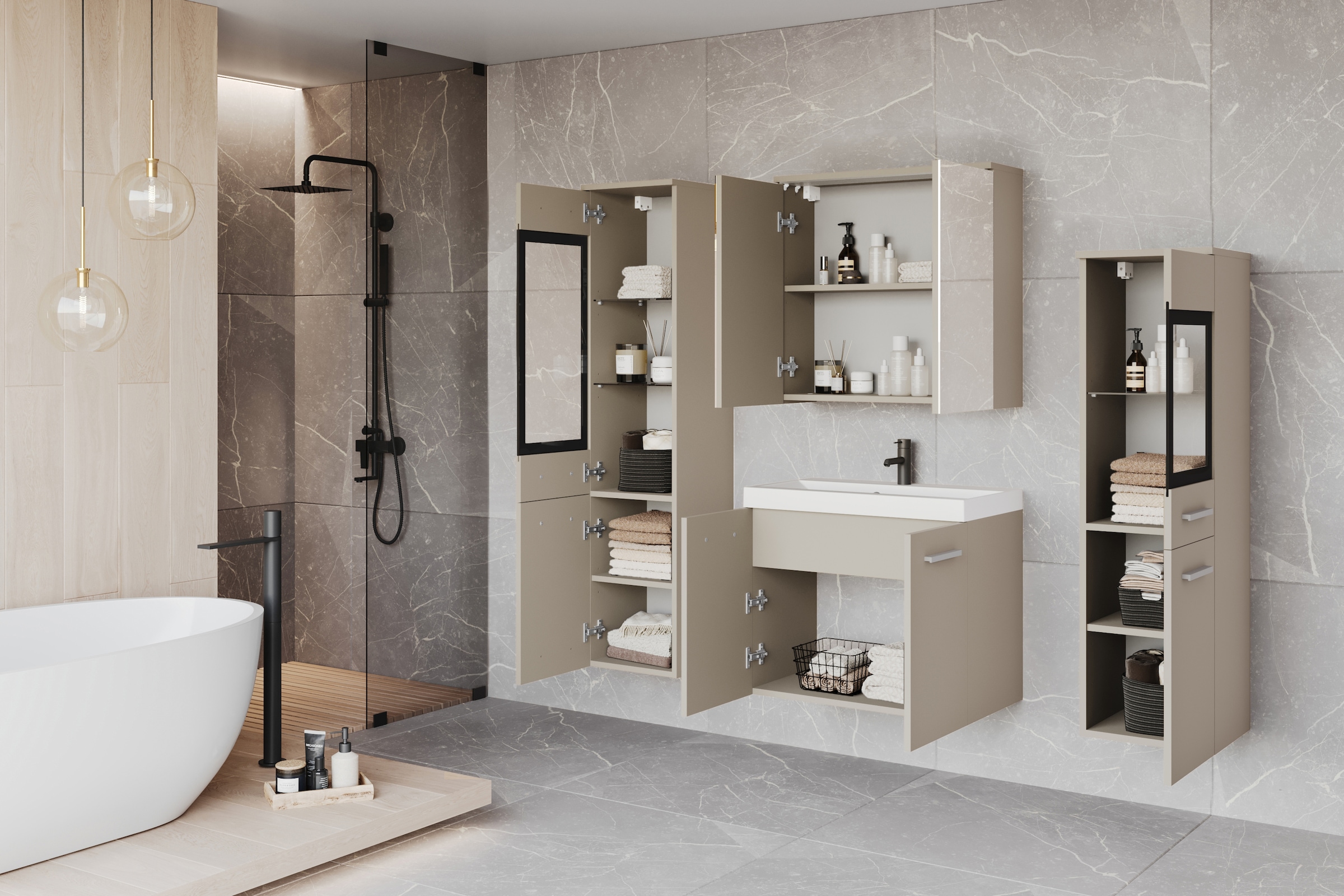 welltime Badmöbel-Set »MADRIT II, Schrank mit Waschbecken, 2 Hänger, Spiegelschrank«, (Komplett-Set, 5 St.), Hängende Badmöbel mit Glaseinsätzen – in vielen Farben erhältlich
