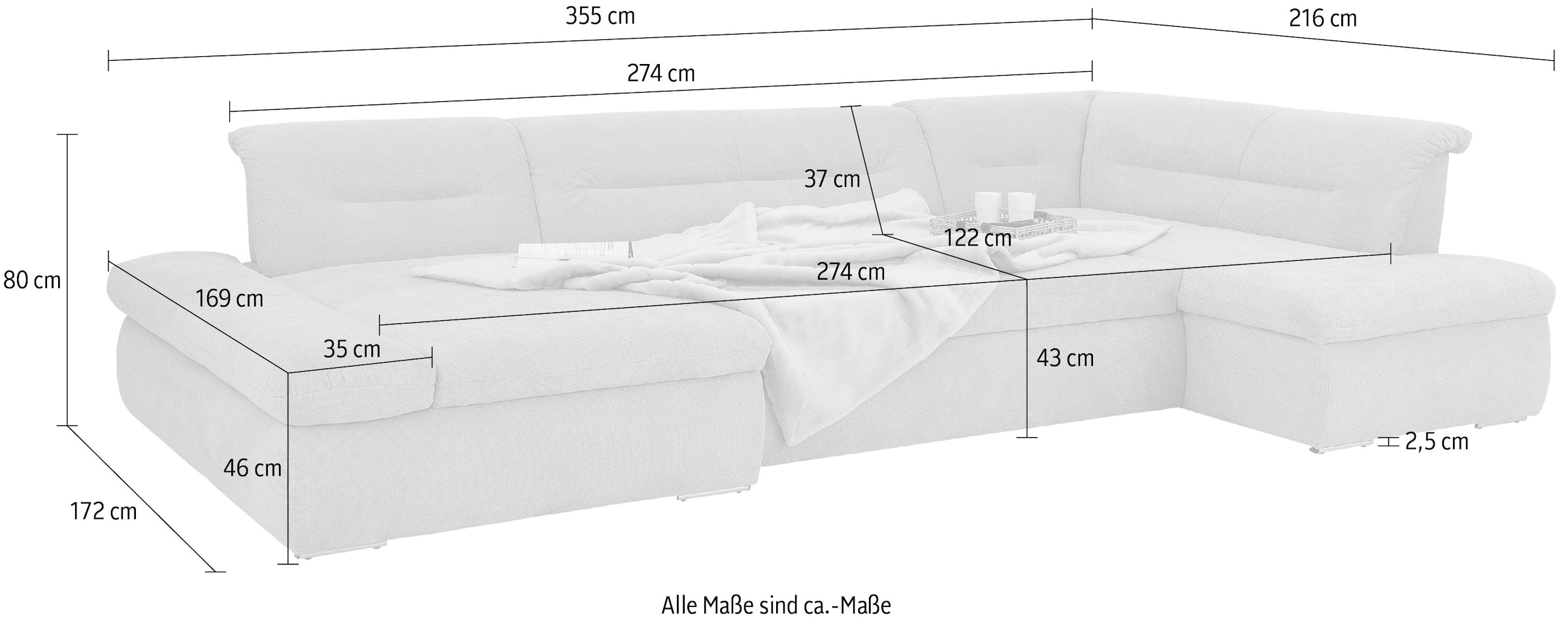 INOSIGN Wohnlandschaft »Avesa U-Form«, Wahlweise mit Armteilverstellung und Bettfunktion, B/T/H: 355/216/80cm