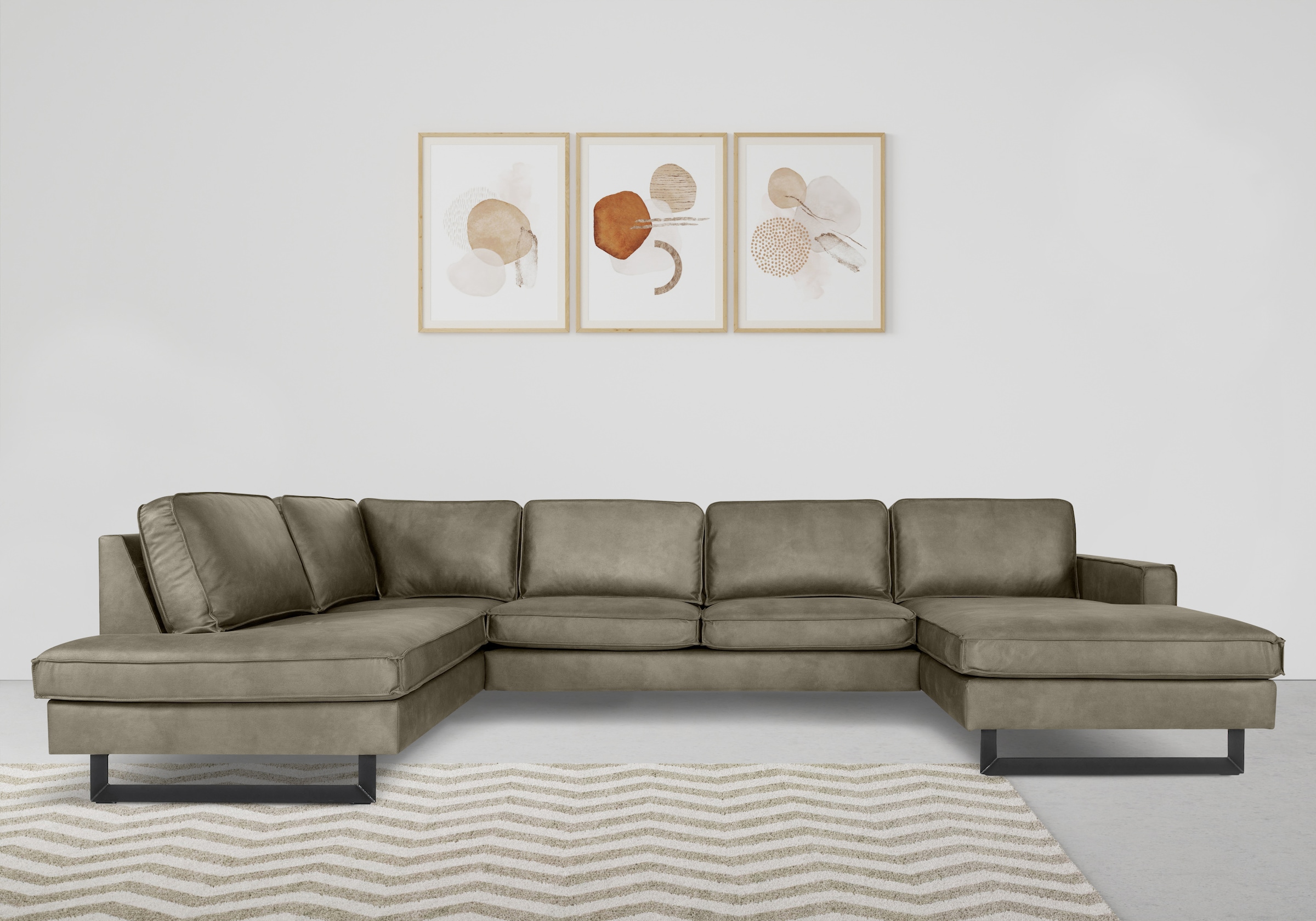 Places of Style Wohnlandschaft »Pinto, 350 cm, U-Form, XXL, mit Ottomanen«, Cord, Chenille, Lederoptik, mit Keder, Metallfüße, Wellenunterfederung