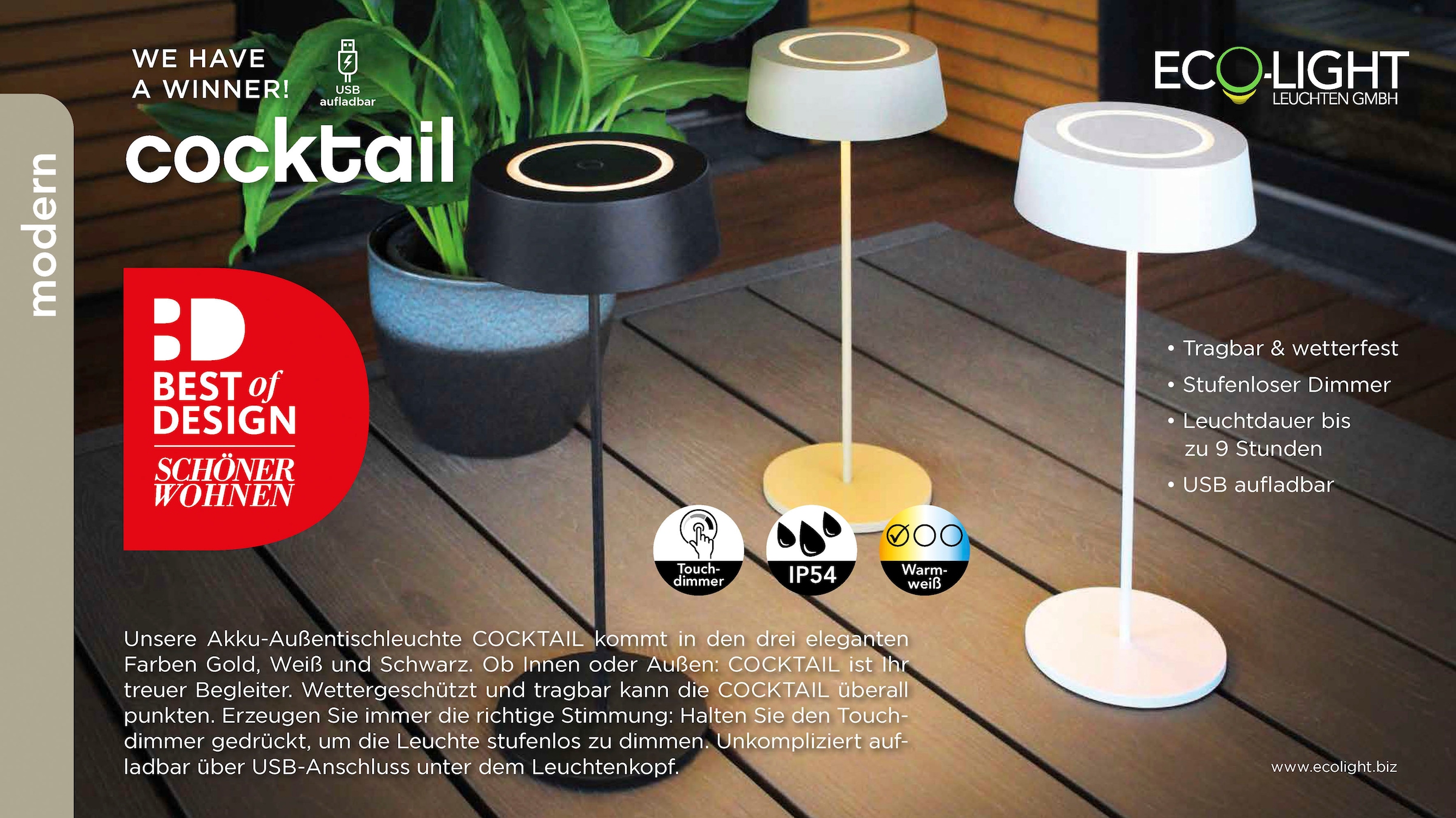 ECO-LIGHT LED Tischleuchte »COCKTAIL«, Leuchtmittel LED-Modul | LED fest integriert, SCHÖNER WOHNEN DESIGN AWARD
