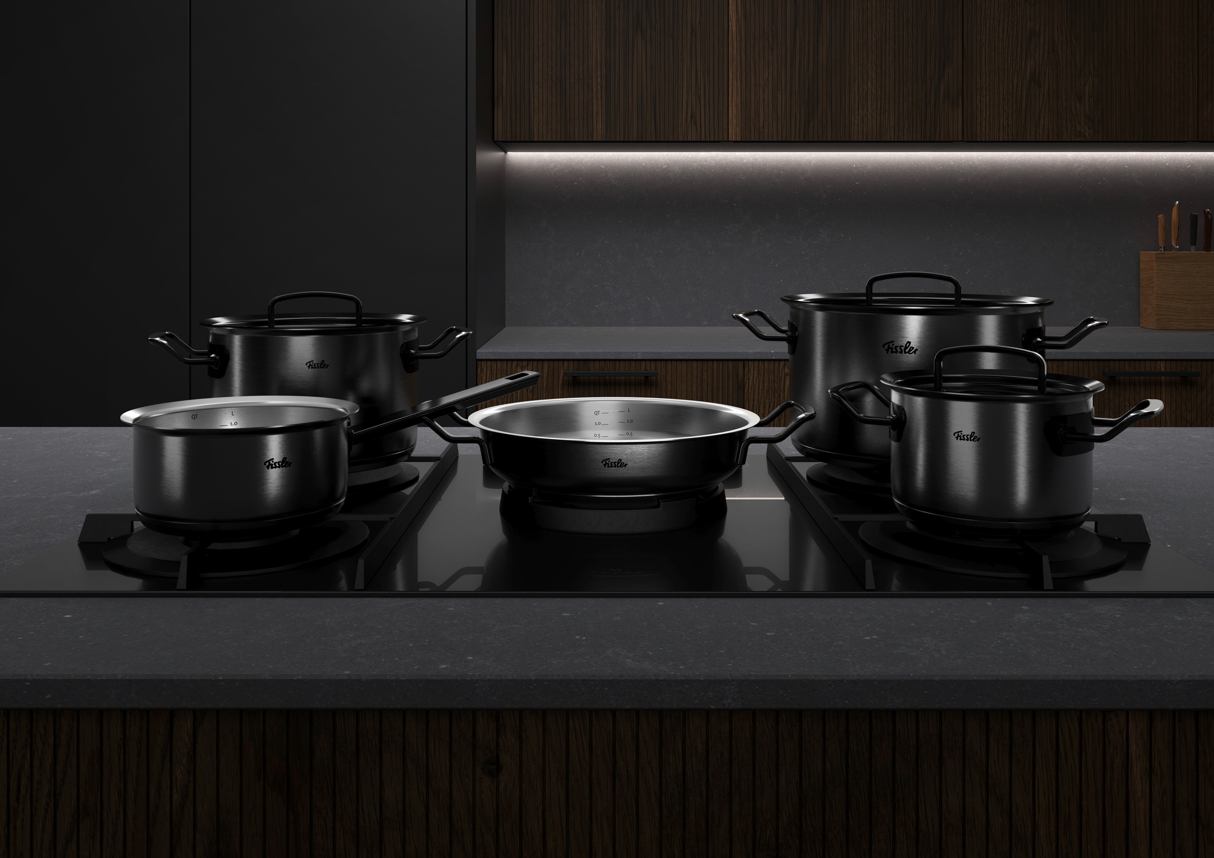 Fissler Topf-Set »Original-Profi Collection ShadowLine«, Edelstahl 18/10, (Set, 8 tlg., 3 Kochtöpfe mit Metalldeckel, 1 Servierpfanne, 1 Stielkasserolle), Auf 1.800 Stück limitiert, Echtheitszertifikat, Made in Germany