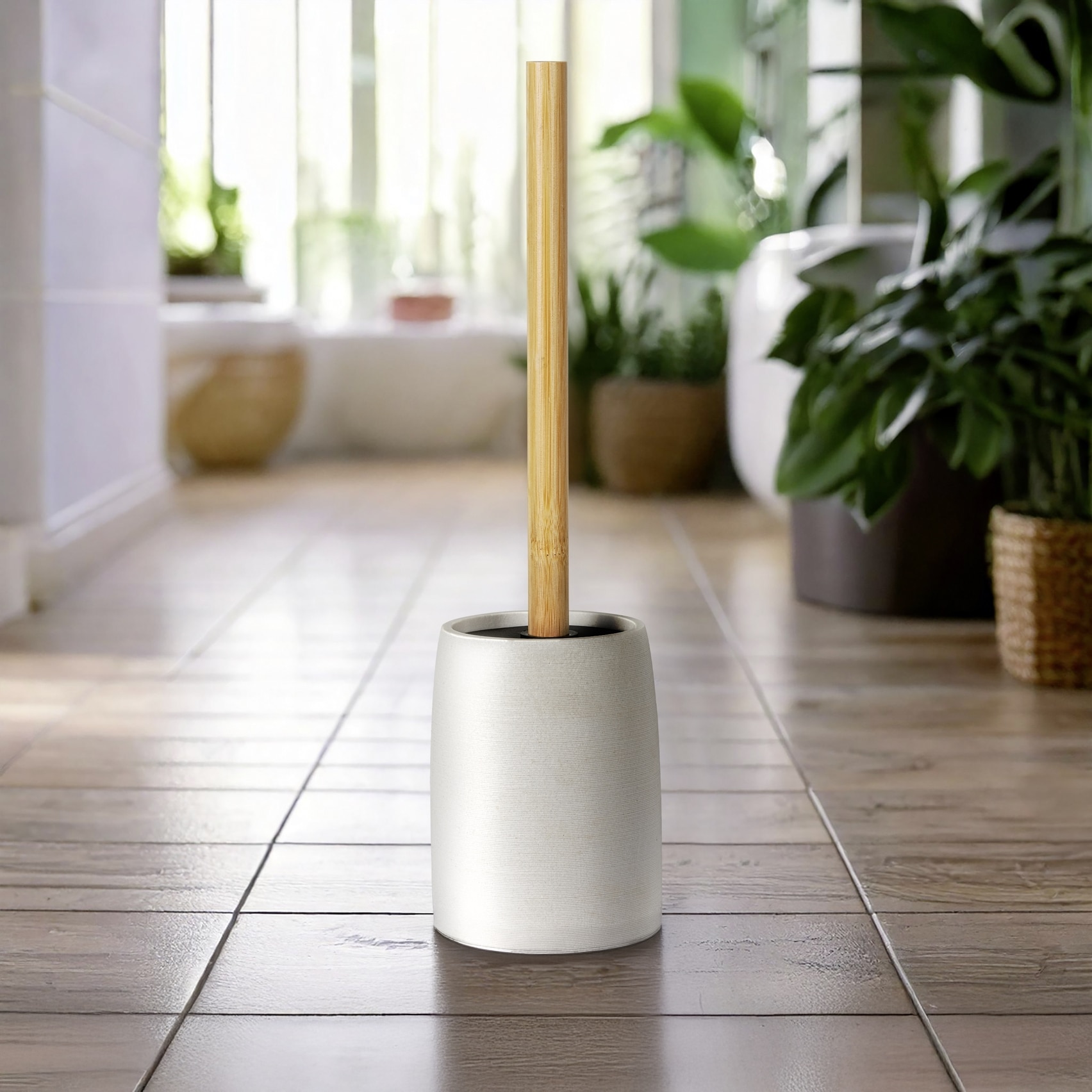 WENKO WC-Garnitur »Altavalle« aus Bambus | Polyresin (Kunststein) Toilettenbürste mit Bambusstiel, Behälter aus Polyresin, freistehend