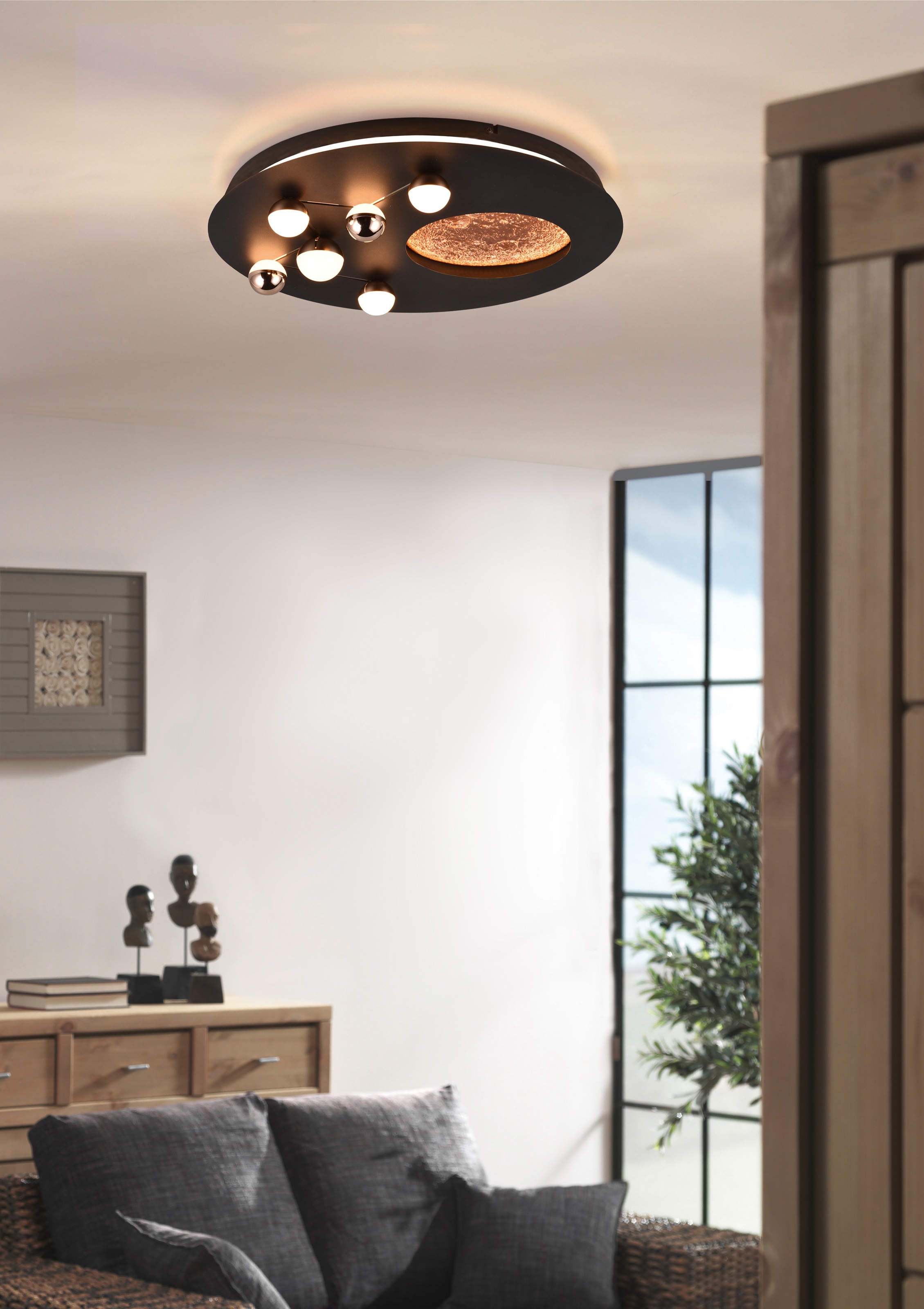 TRIO Leuchten LED Deckenleuchte »ZODIAC, Deckenlampe Mond Sterne, indirektes Licht, dimmbar CCT LED 42W«, 1 flammig, Leuchtmittel LED-Board | LED fest integriert, LED Deckenlampe Schlafzimmer Ø 50cm, Lichtfarbe einstellbar, Mondoptik