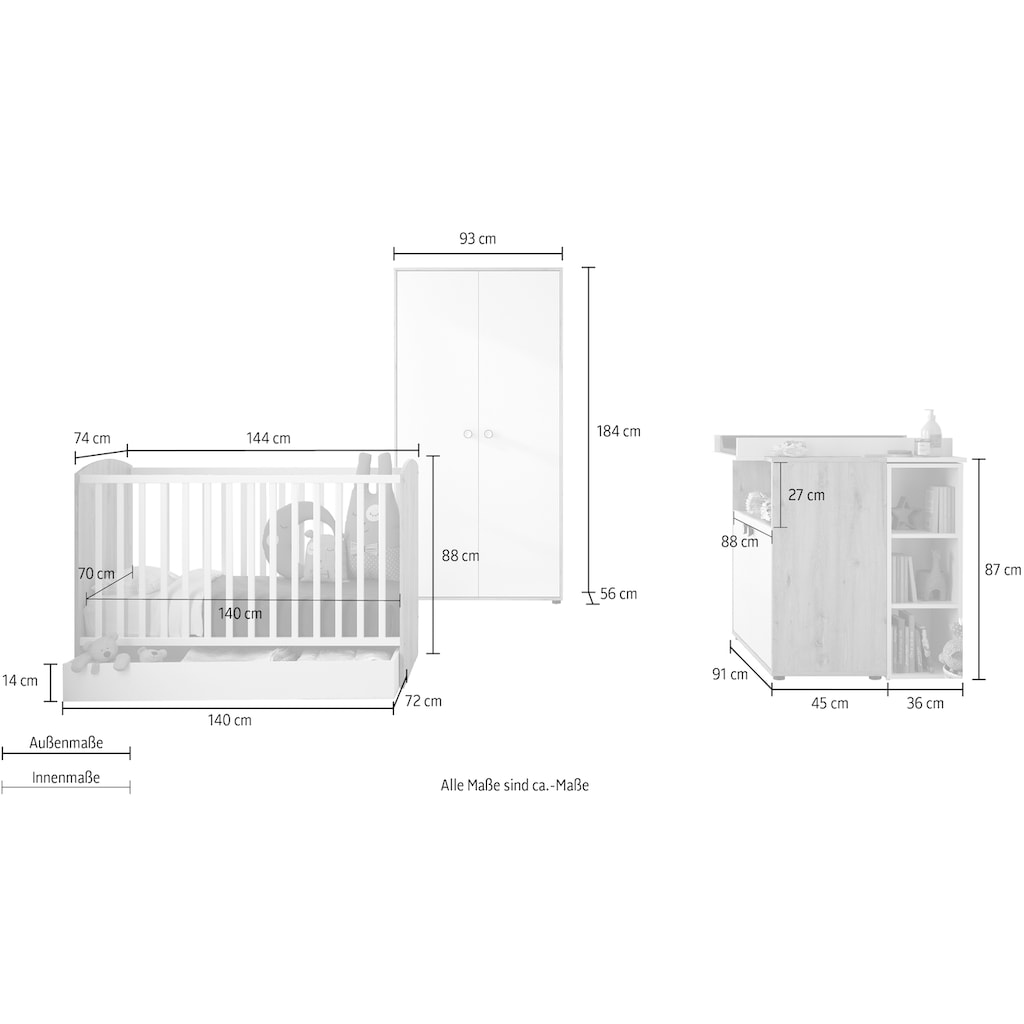 Galipette Babyzimmer-Komplettset »Arthur«, (6 St., mit Schrank, Bett mit Schubl, Wickelkommode, Wickelaufsatz und Regal)