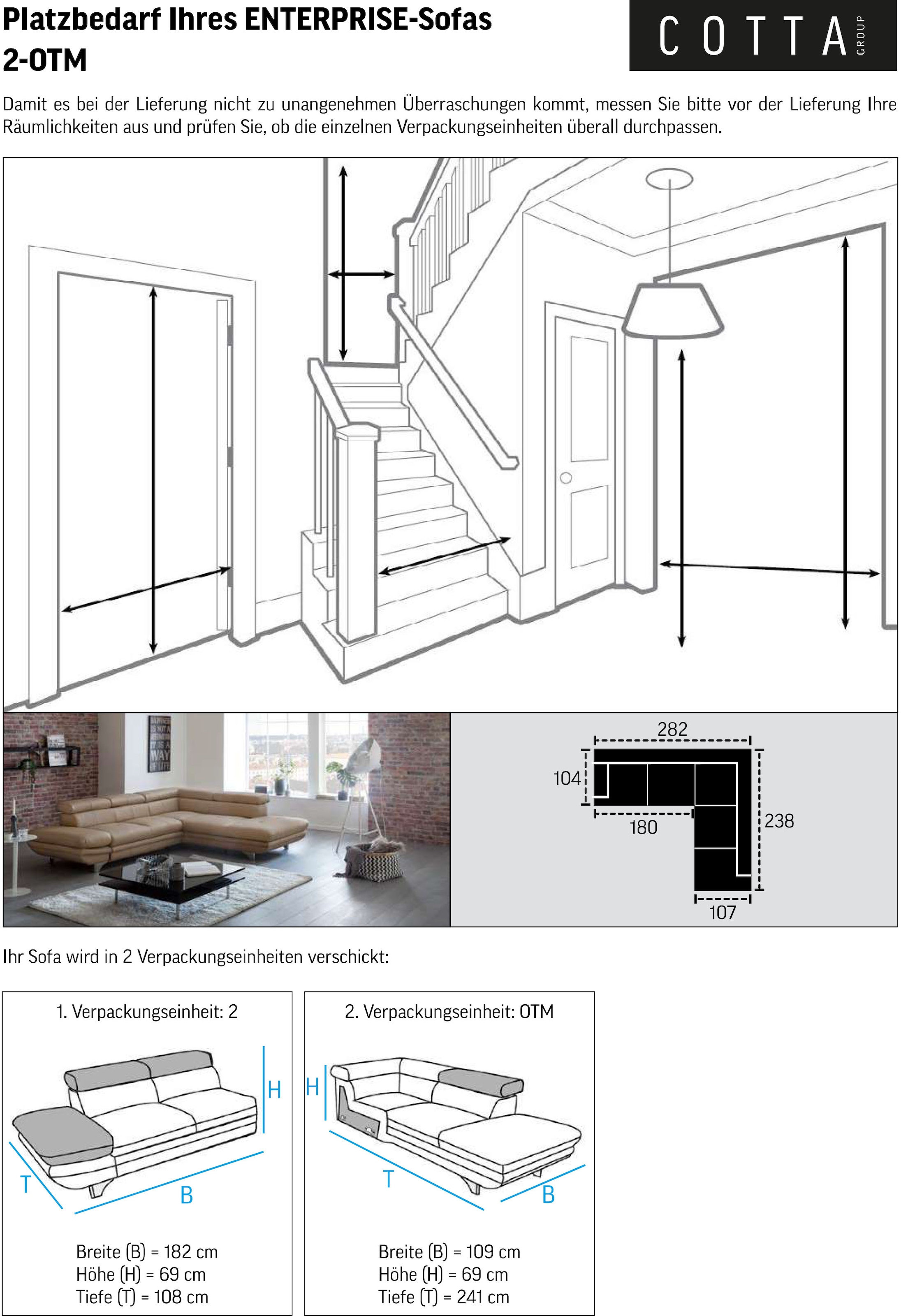COTTA Ecksofa »Enterprise L-Form«, mit Arm- & Kopfteilverstellung, wahlweise mit Bettfunktion