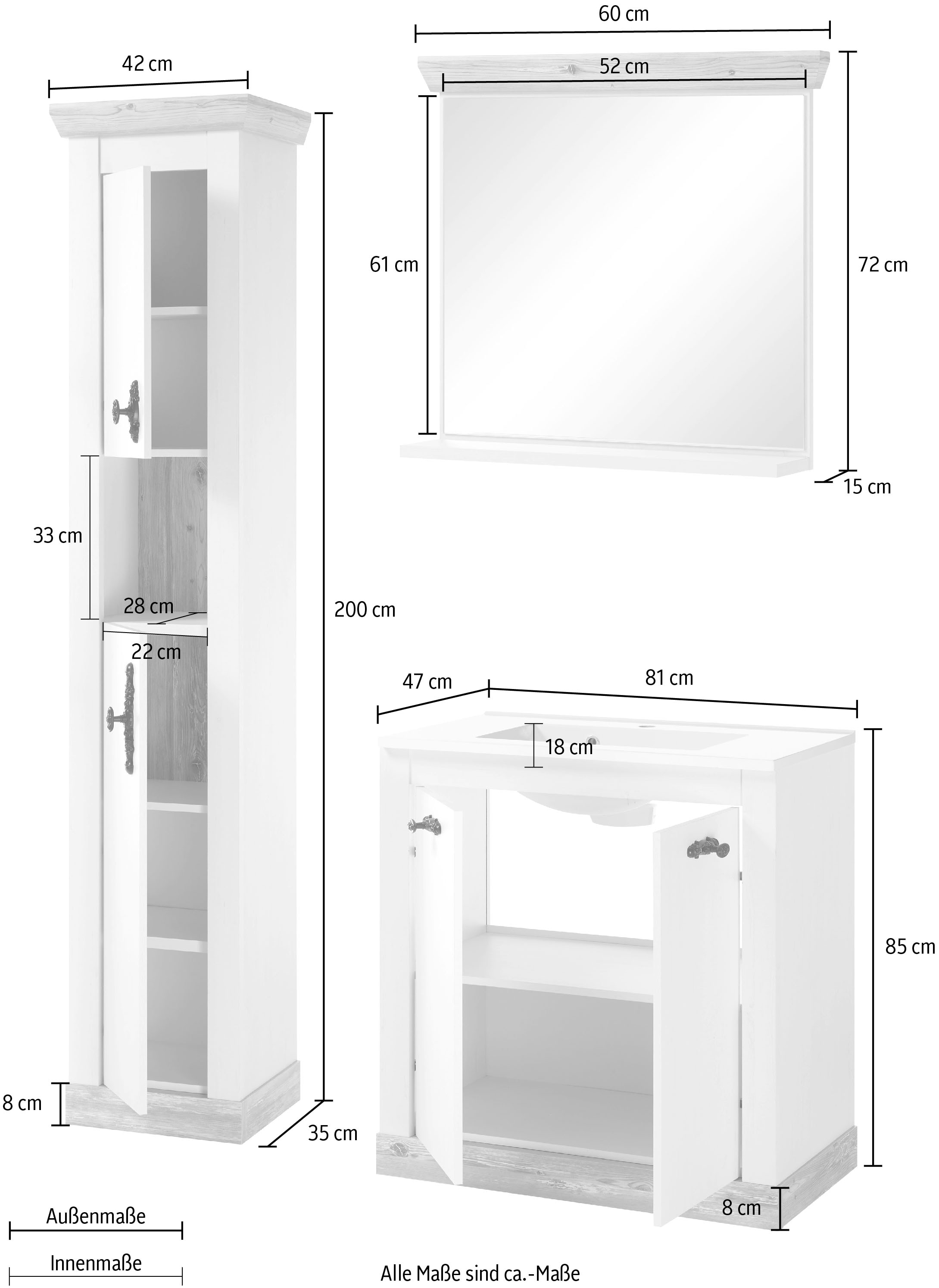 Home affaire Badmöbel-Set »Florenz, Bad im Landhausstil, 3-teiliges Badezimmer«, (3 St.), Waschtisch, Schrank und Spiegel mit Ablage, in Pinie Weiß, Stauraum