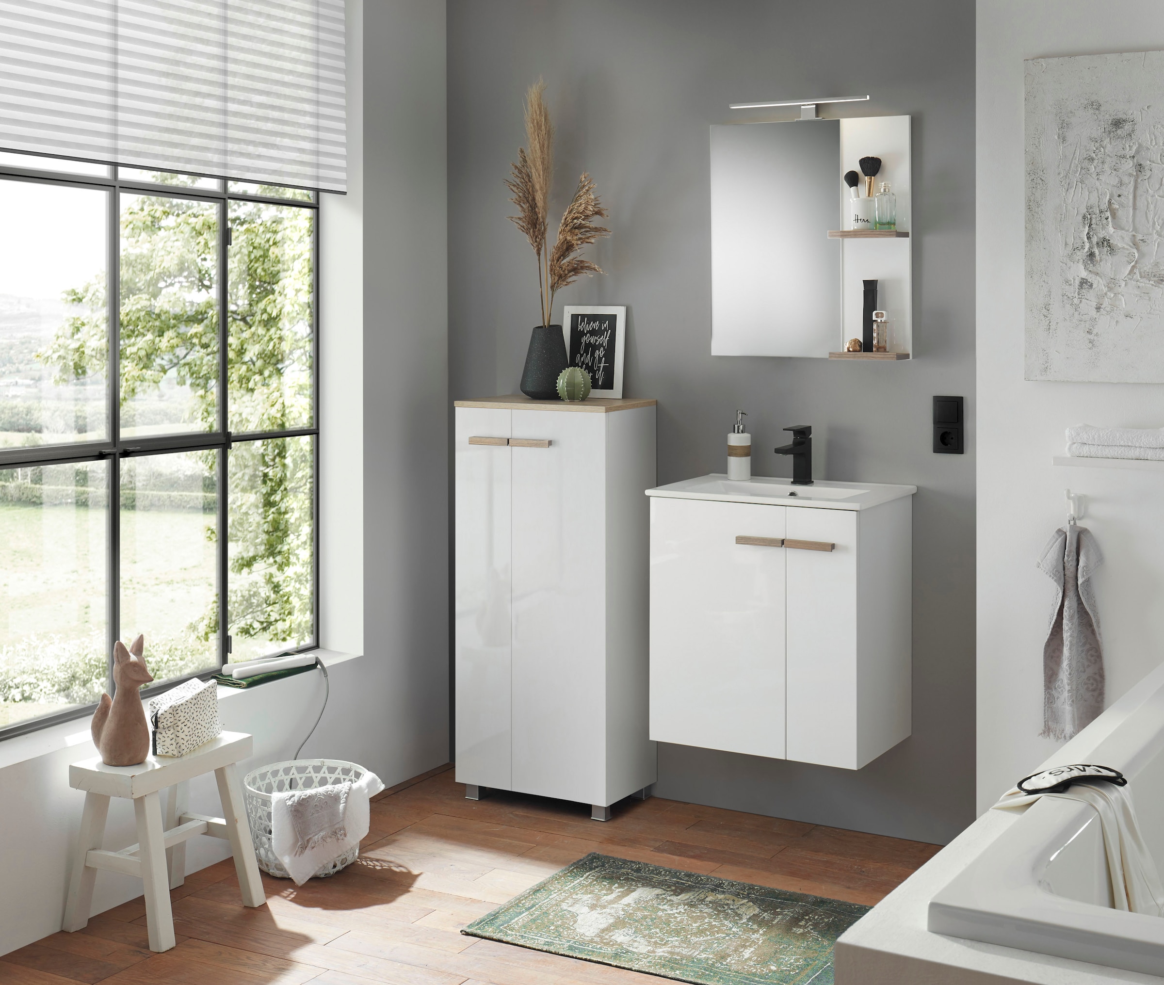 Places of Style Badmöbel-Set »SOLiD, Badmöbel-Set, Bad im modernen Design, 3-teiliges Badezimmer«, (3 St.), Waschtisch mit Waschbecken, Midischrank, Breite 130 cm