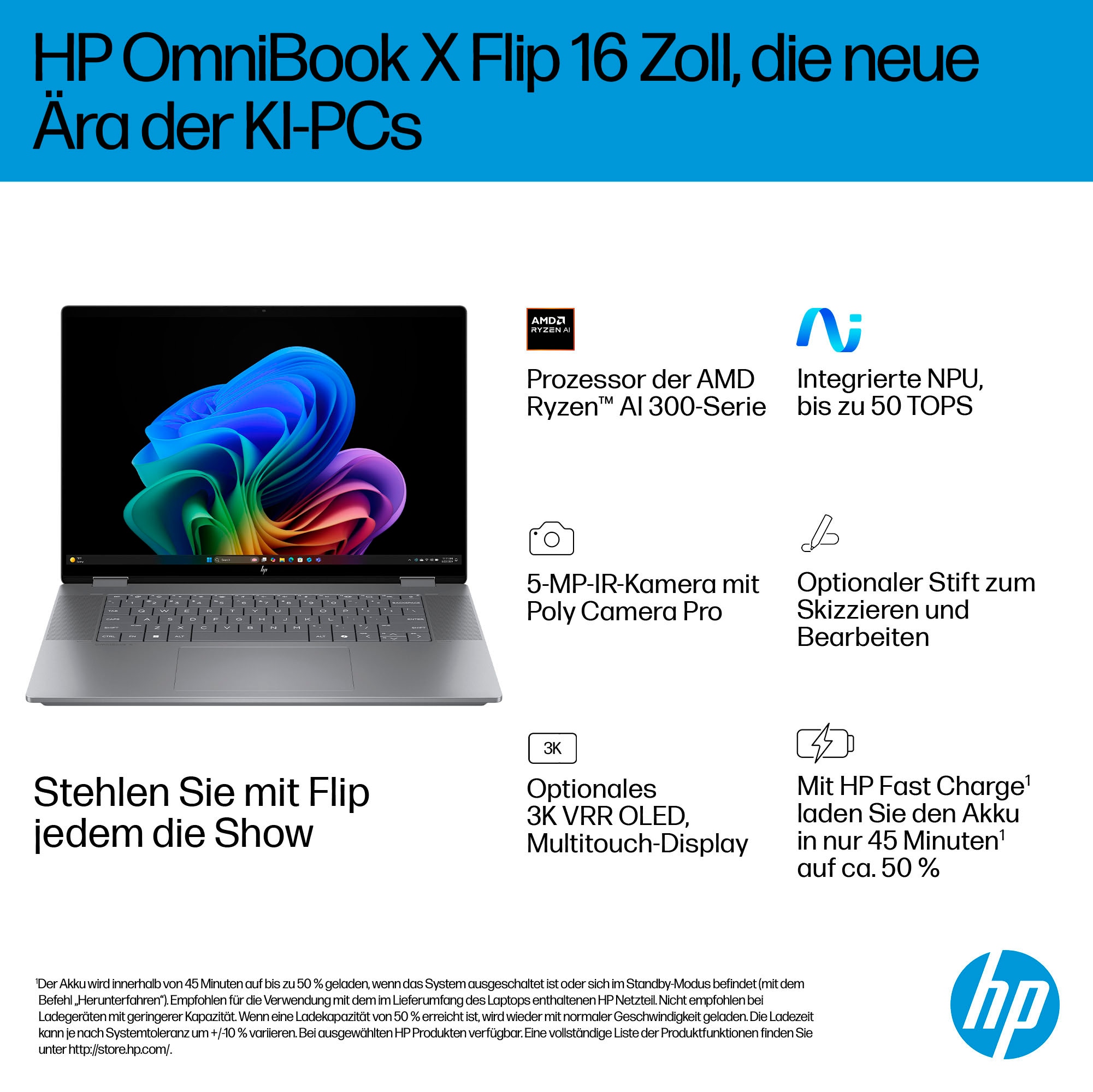 HP Convertible Notebook »OmniBook X Flip 16-ar0252ng«, 40,64 cm, / 16 Zoll, AMD, Ryzen™ AI 5, Radeon, 1000 GB SSD