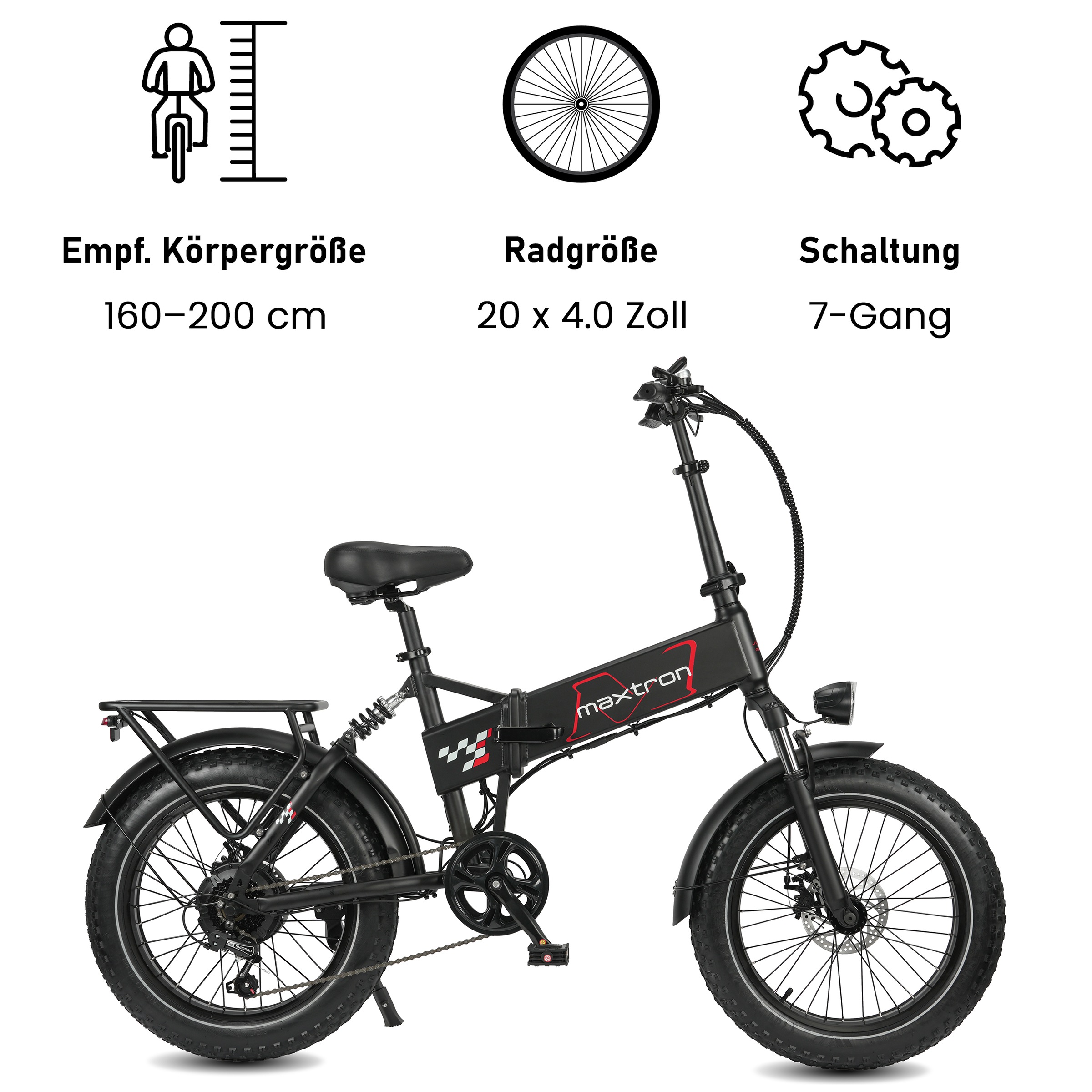 Maxtron »Maxtron Polaris 20-Zoll Elektro-Fatbike« 7 Gang Shimano Kettenschaltung Heckmotor 250 W Packung,  mit 60 Nm Power – perfekt für City-Pendler