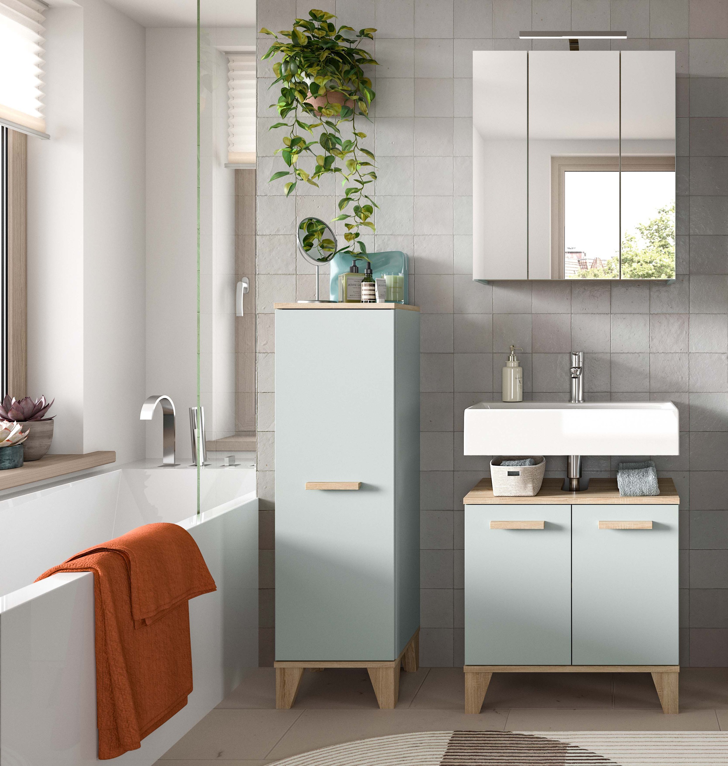 welltime Badmöbel-Set »MINTTU, 3-teilige moderne Badkombi im SCANDI-Look, inkl. Beleuchtung« bestehend aus: Midischrank, Waschbeckenunterschrank & Spiegelschrank, 3 Stk. tlg.