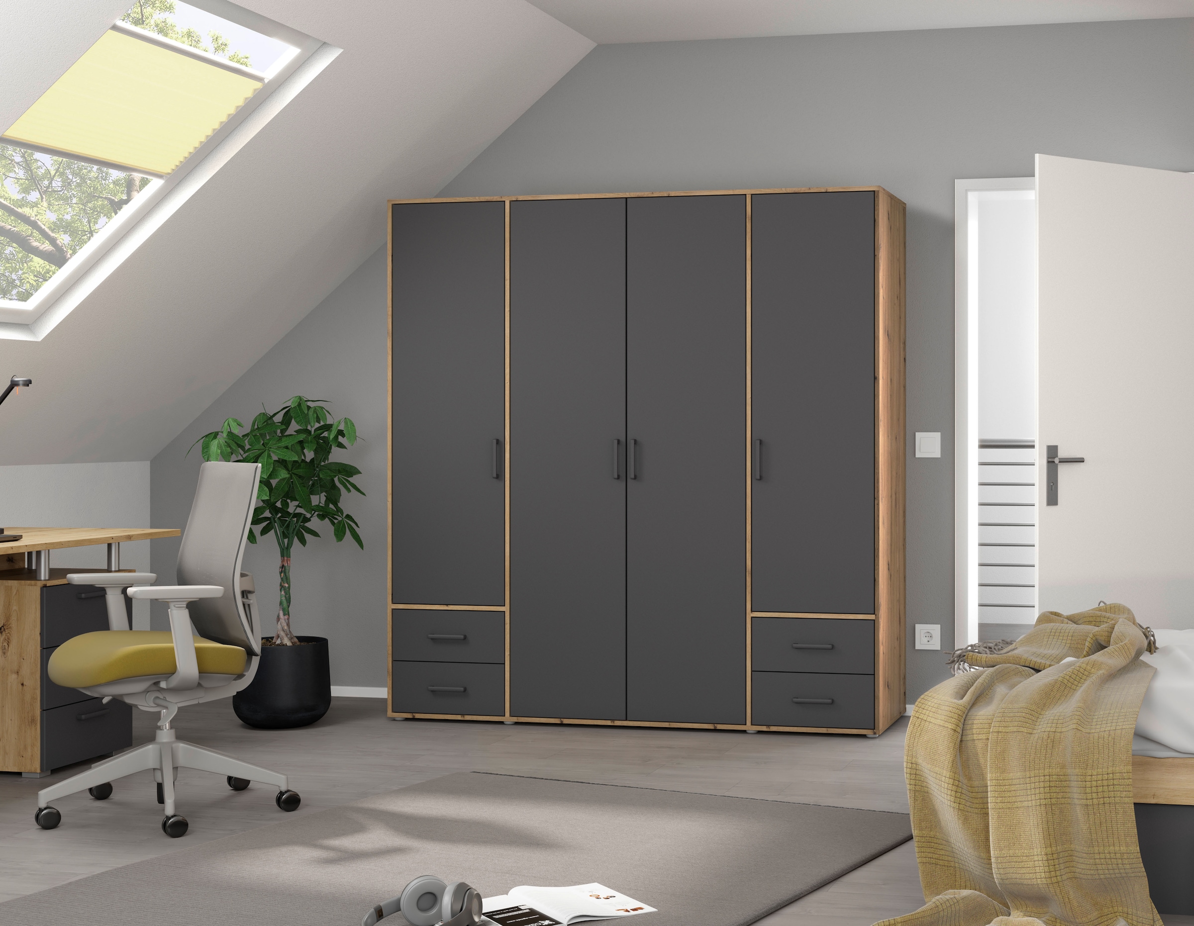 rauch Drehtürenschrank »Kleiderschrank Schrank Garderobe Wäscheschrank VOYAGER«, (in 3 verschiedenen Ausstattungen BASIC/CLASSIC/PREMIUM), moderne Griffe in Graumetallic mit Außenschubkästen MADE IN GERMANY
