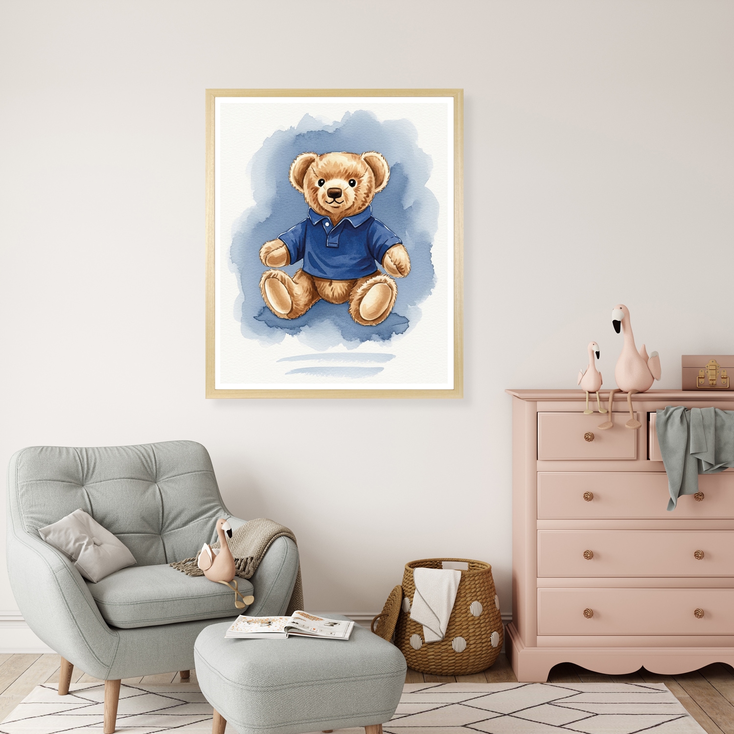 queence Bild mit Rahmen »Vintage Polo Teddy Bär in Poloshirt« Bär | Bären | Fashion | Figuren | Mode | Modebilder HD Premium Poster-Druck inkl. Echtholzrahmen in beige