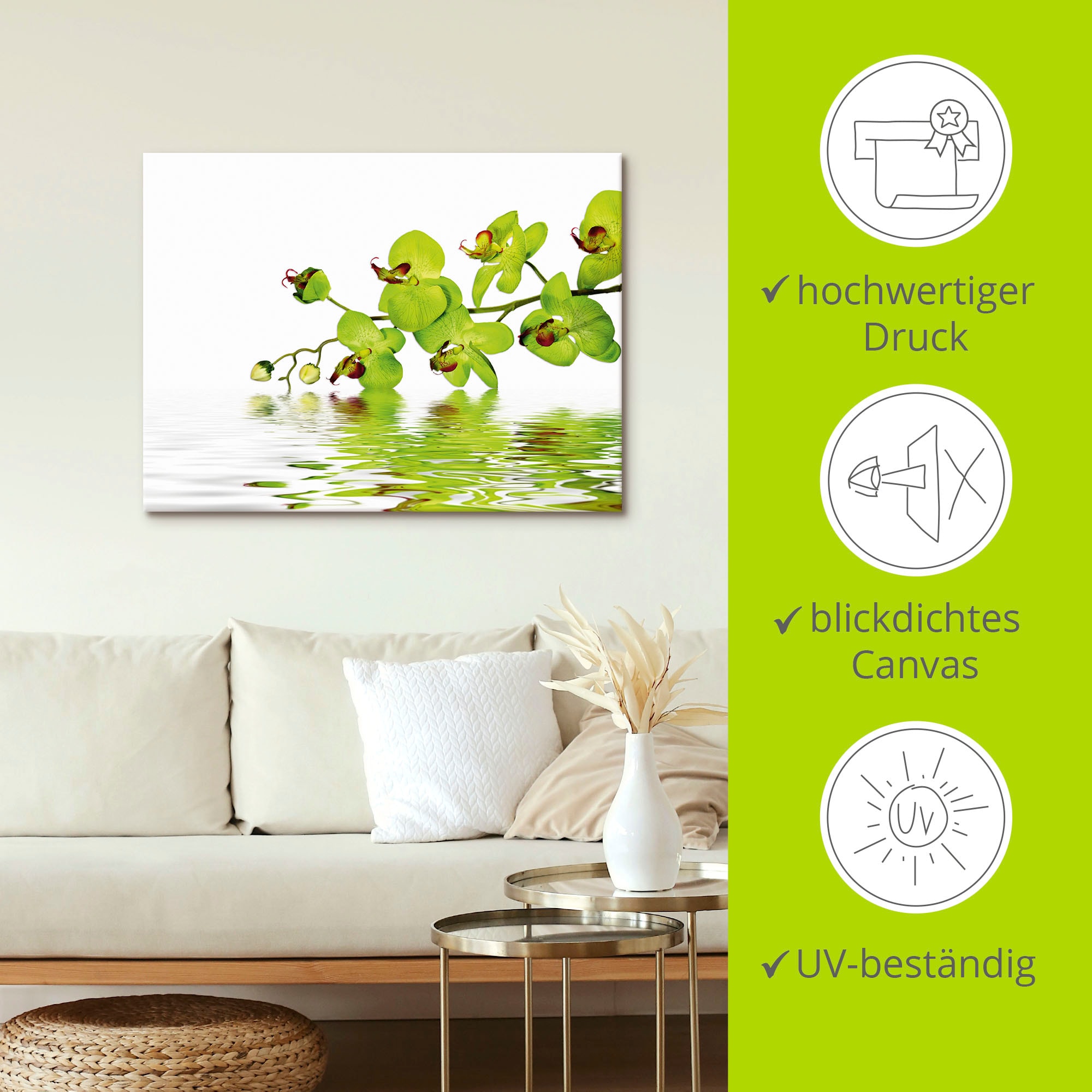 Artland Wandbild »Schöne Orchidee mit grünem Hintergrund«, Blumen, (1 St.), als Leinwandbild, Wandaufkleber in verschied. Größen