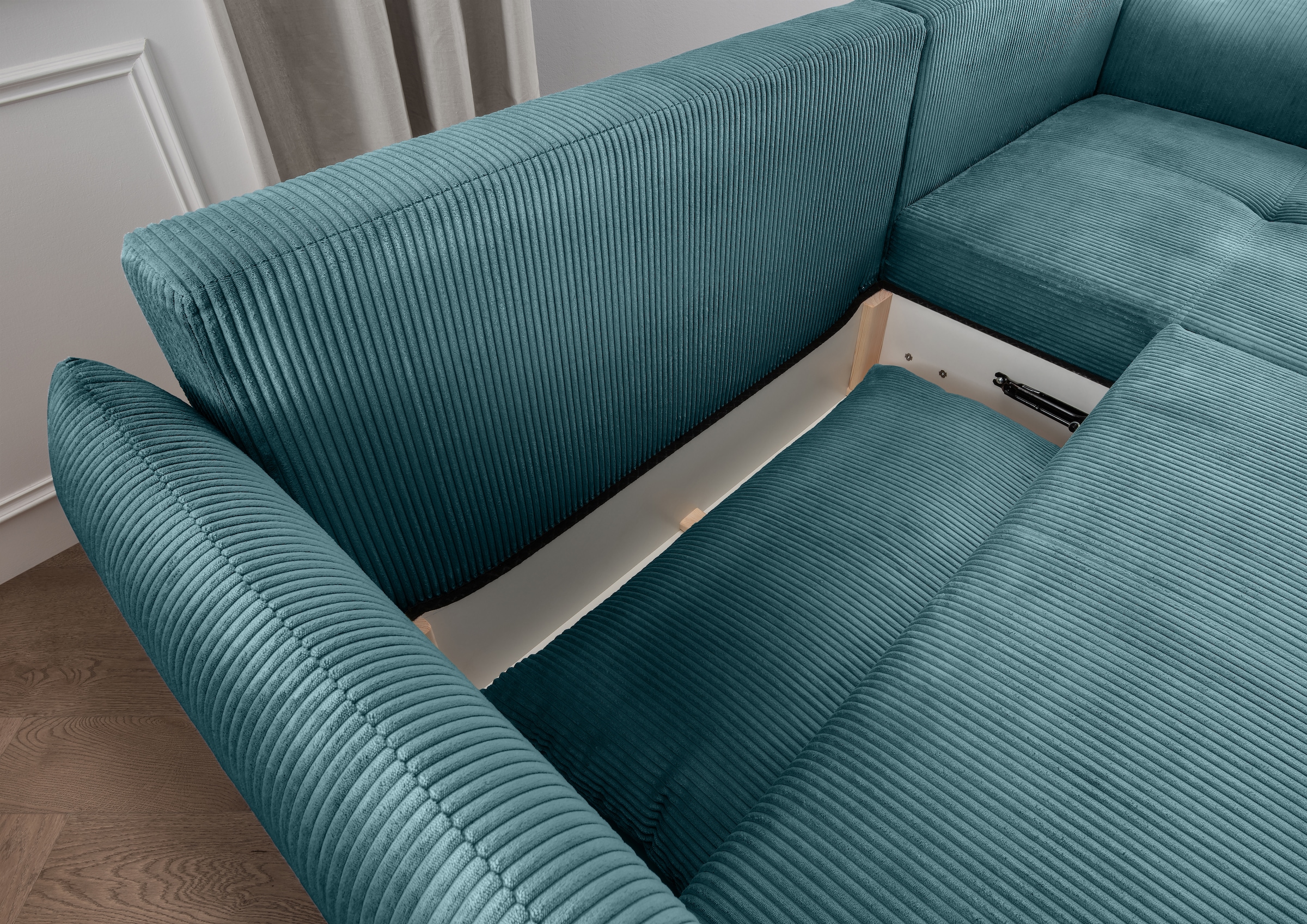 INOSIGN Ecksofa »Mara, L-Form, aktueller Cord Bezug und tolle Farben, schmale Armlehnen«, whlw. mit Bettfunktion,Recamiere links/rechts montierbar, Breite 238cm
