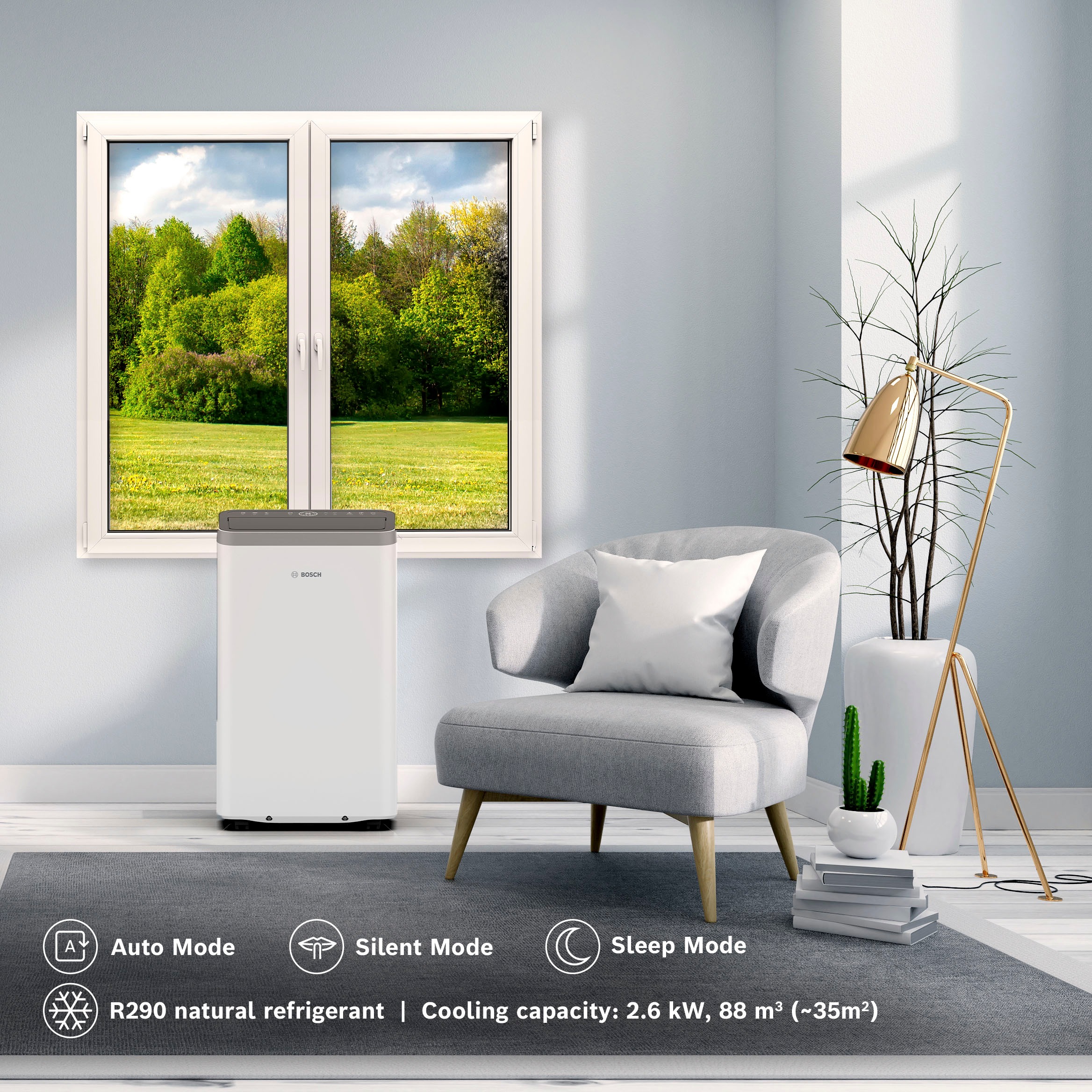 BOSCH 3-in-1-Klimagerät »Cool 2000 - 3-in-1 Klimaanlage, Luftentfeuchter, Ventilator« Ventilator in 3 Stufen, Entfeuchtung bis zu 50 l/Tag