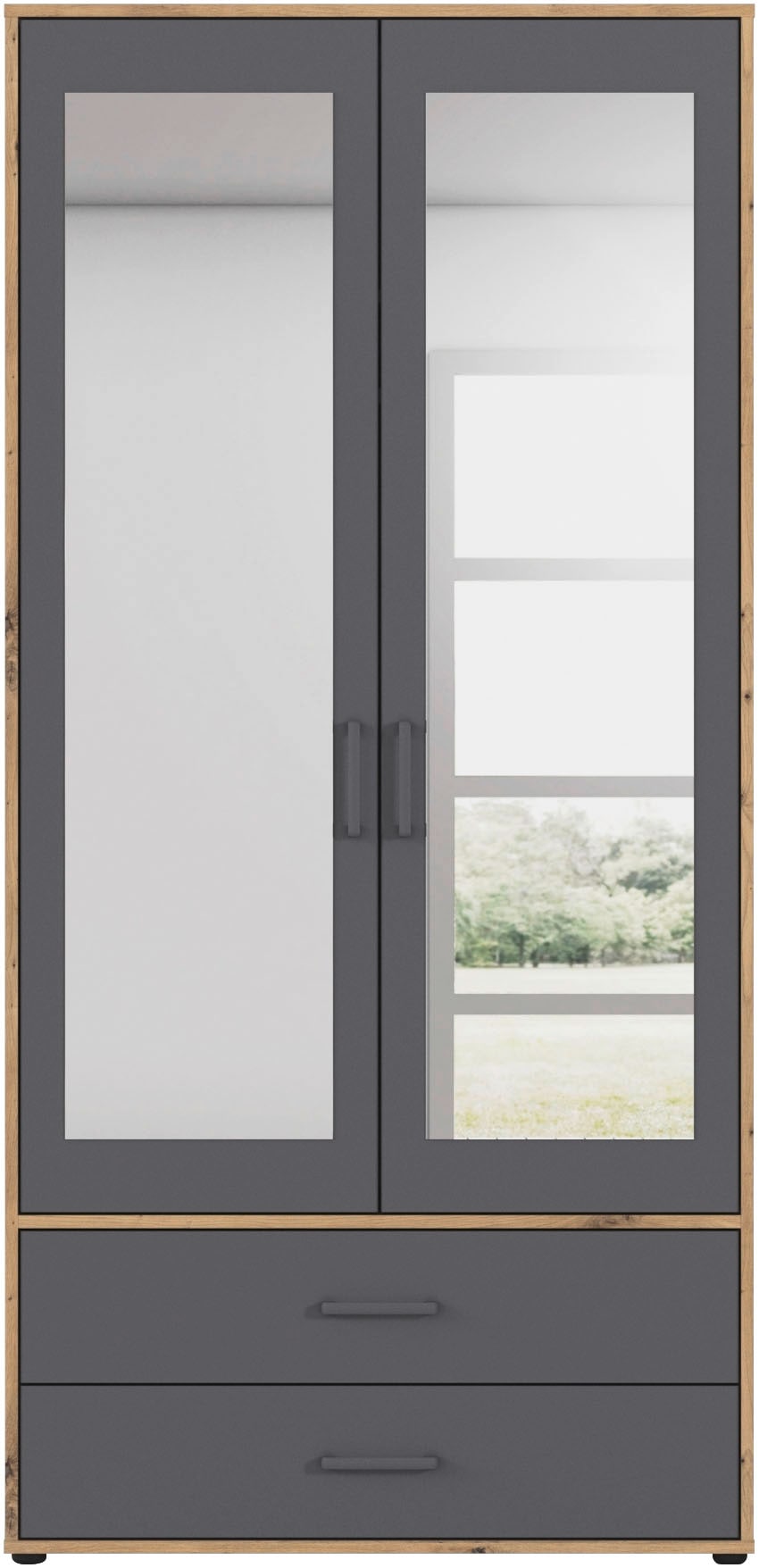 rauch Drehtürenschrank »Kleiderschrank Schrank Garderobe Wäscheschrank VOYAGER« in 3 verschiedenen Ausstattungen BASIC/CLASSIC/PREMIUM,  mit modernen Griffen in Graumetallic, inkl. Schubkästen und Spiegel