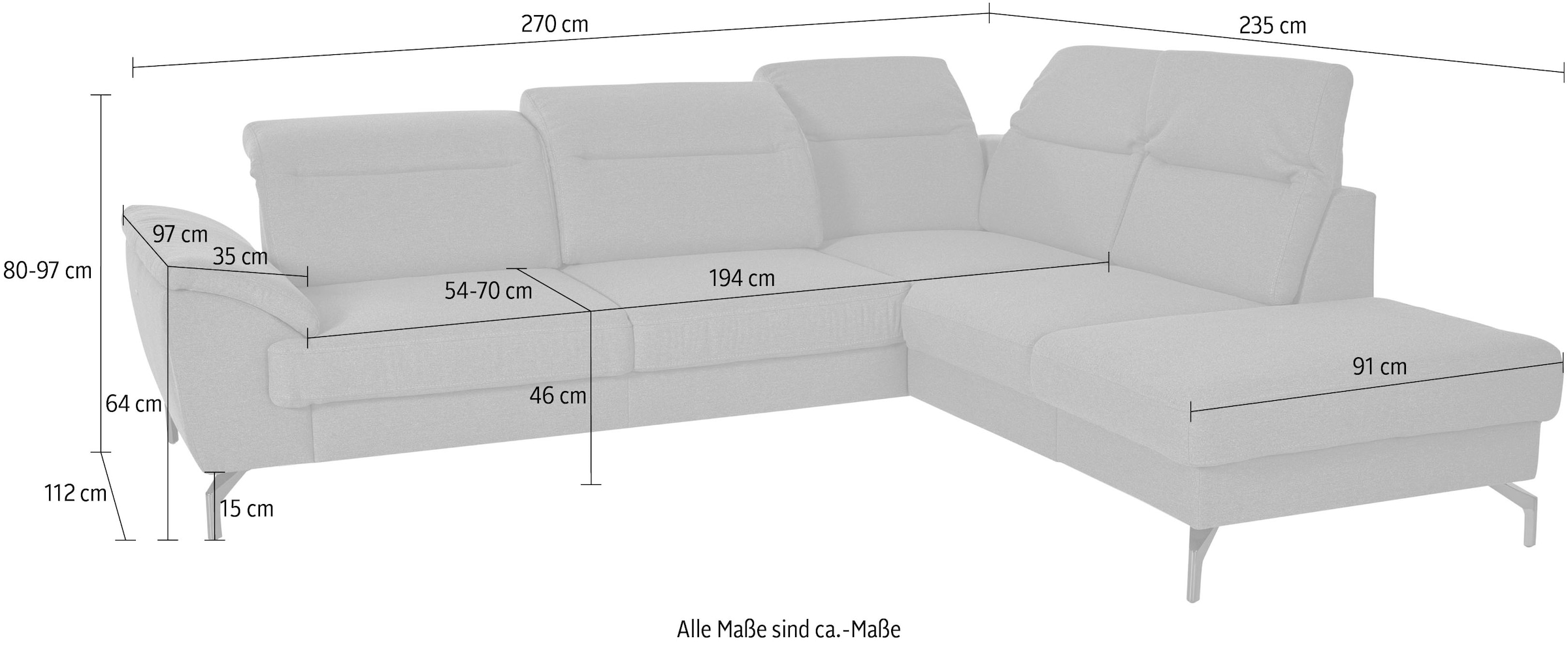 sit&more Ecksofa »Percy L-Form«, 15 cm Fußhöhe, Sitztiefenverstellung, wahlweise in 2 Fußfarben