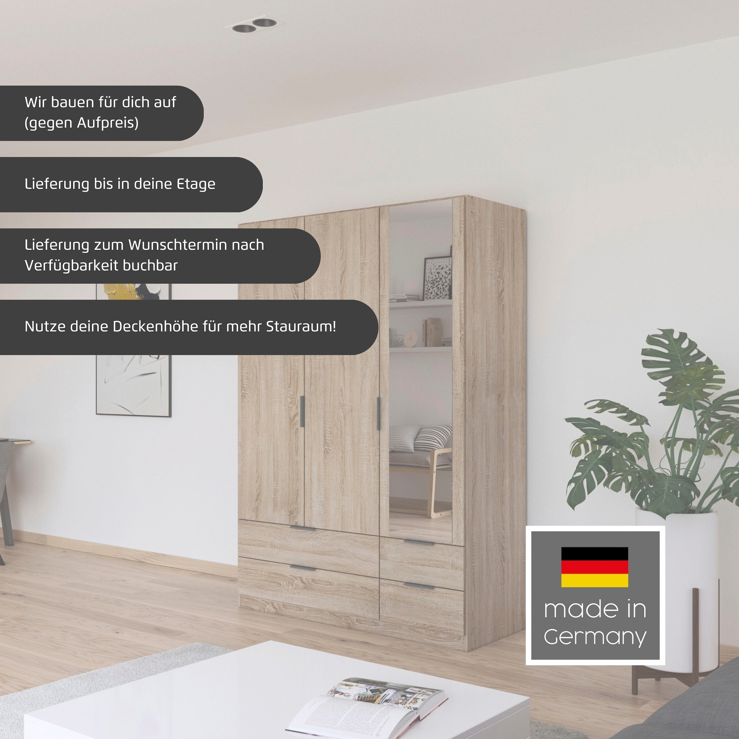 rauch Kleiderschrank »Drehtürenschrank Schrank Garderobe Ankleide Schlafzimmer LAGOA« in 3 verschiedenen Ausstattungen BASIC/CLASSIC/PREMIUM,  moderne Kantengriffe aus Metall, optional mit Aufsatz MADE IN GERMANY