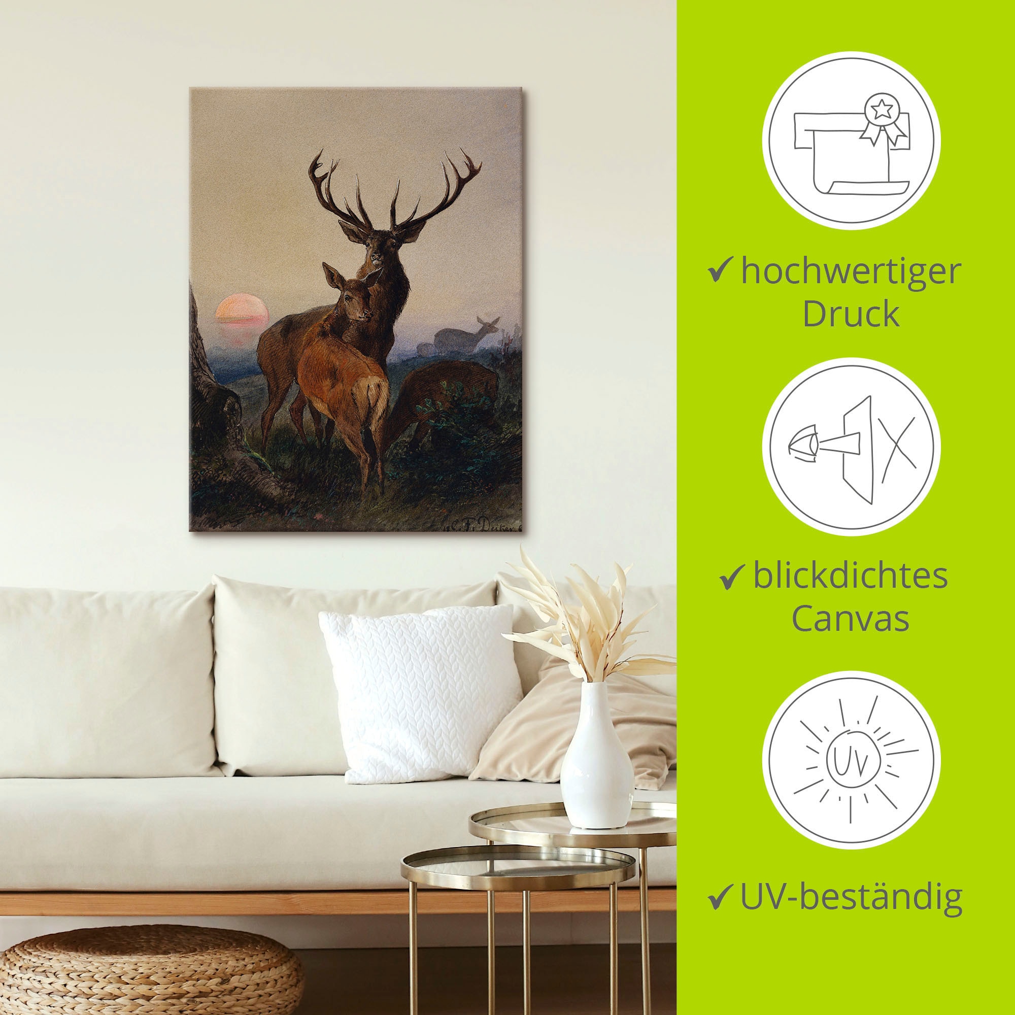 Artland Wandbild »Hirsch und ein Reh bei Sonnenuntergang«, Wildtiere, (1 St.), als Leinwandbild, Poster, Wandaufkleber in verschied. Größen
