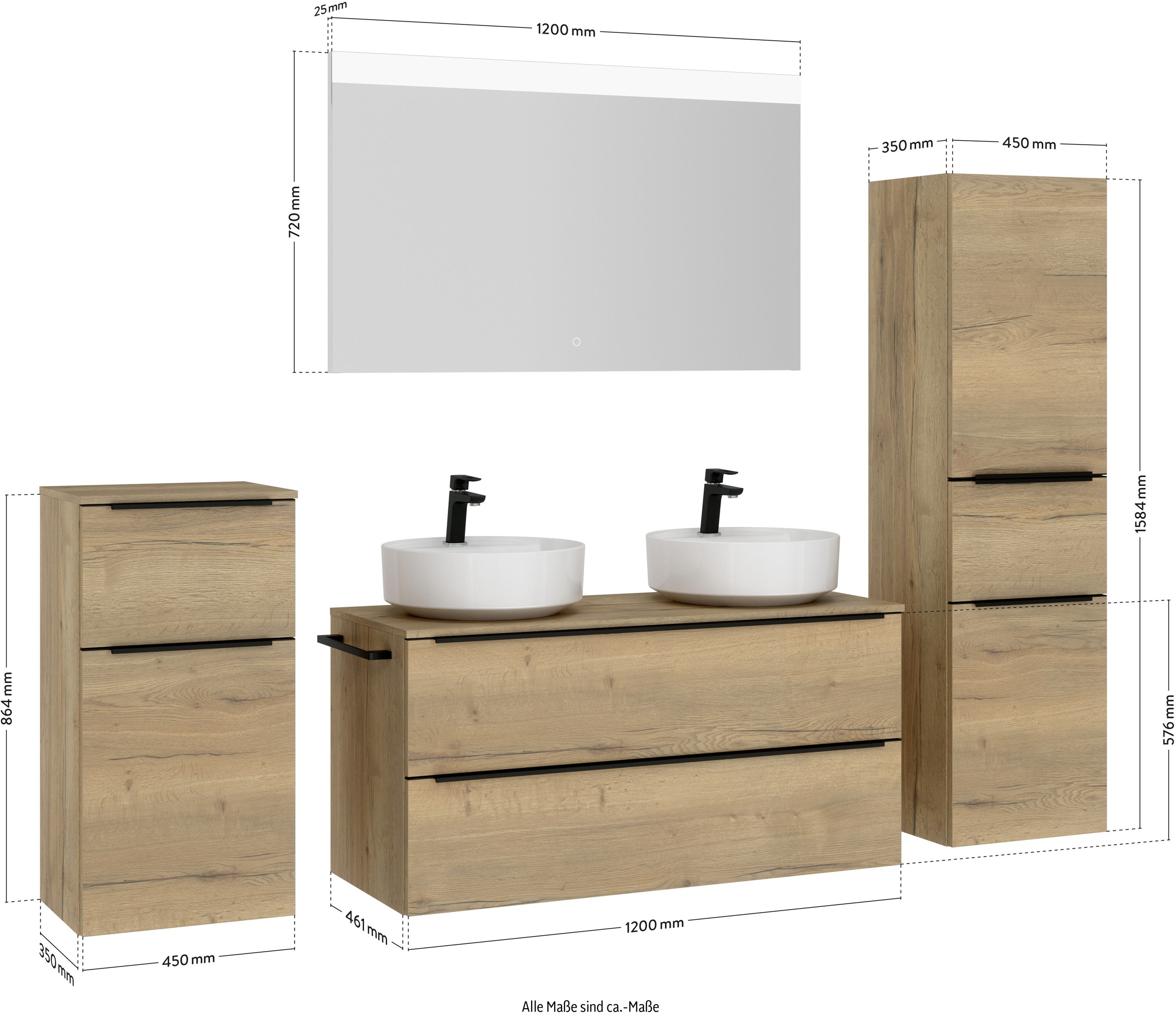 nobilia® Badmöbel-Set »Alvene«, (4 St., vormontiert, mit Soft-Close), inkl. Spiegel mit Touch-Sensor, in vier Breiten